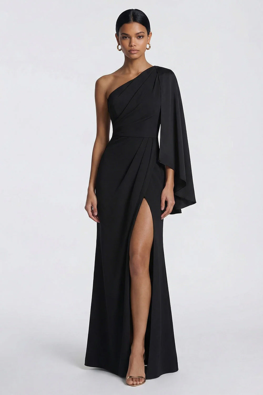 Robe de cérémonie sirène noire à une épaule avec cape latérale