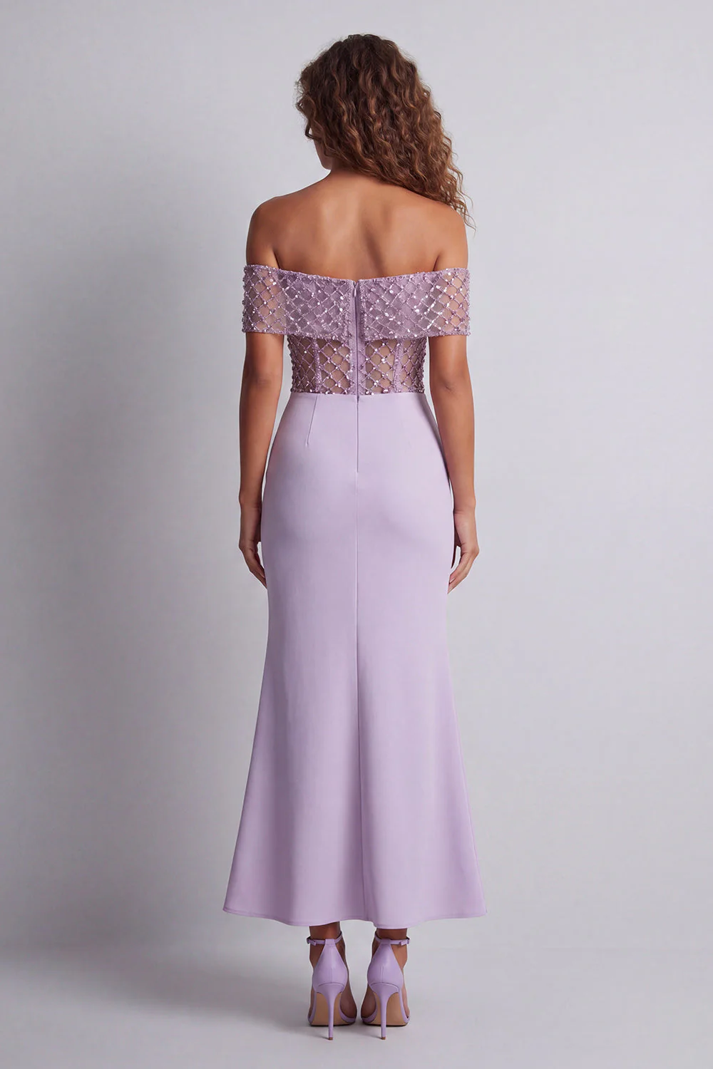 Robe de cérémonie sirène scintillante dénudée d’épaules dénudées violet clair - Image 2