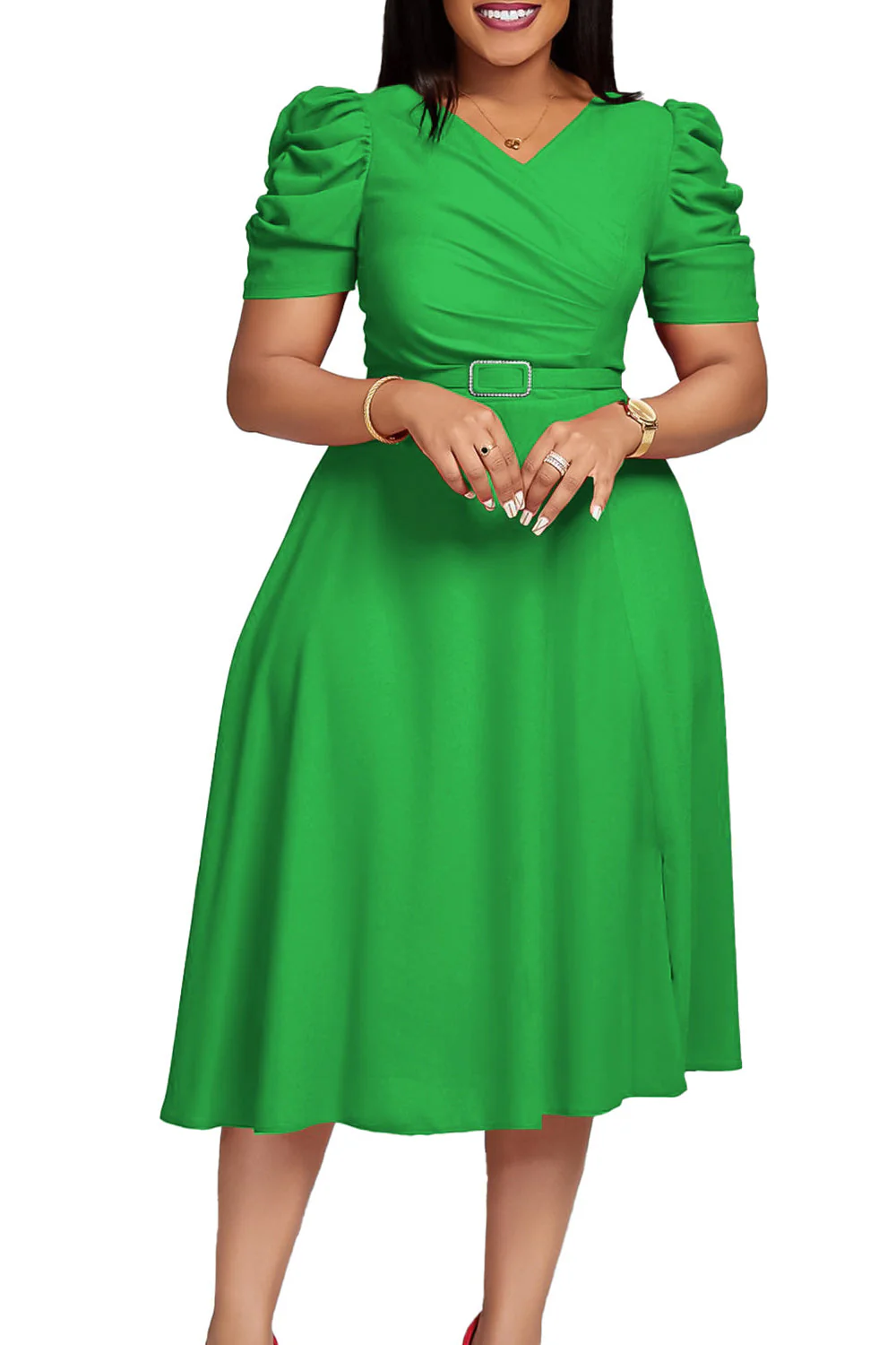 Robe de cocktail bleu royal à col en V à manches courtes avec ceinture - Image 10