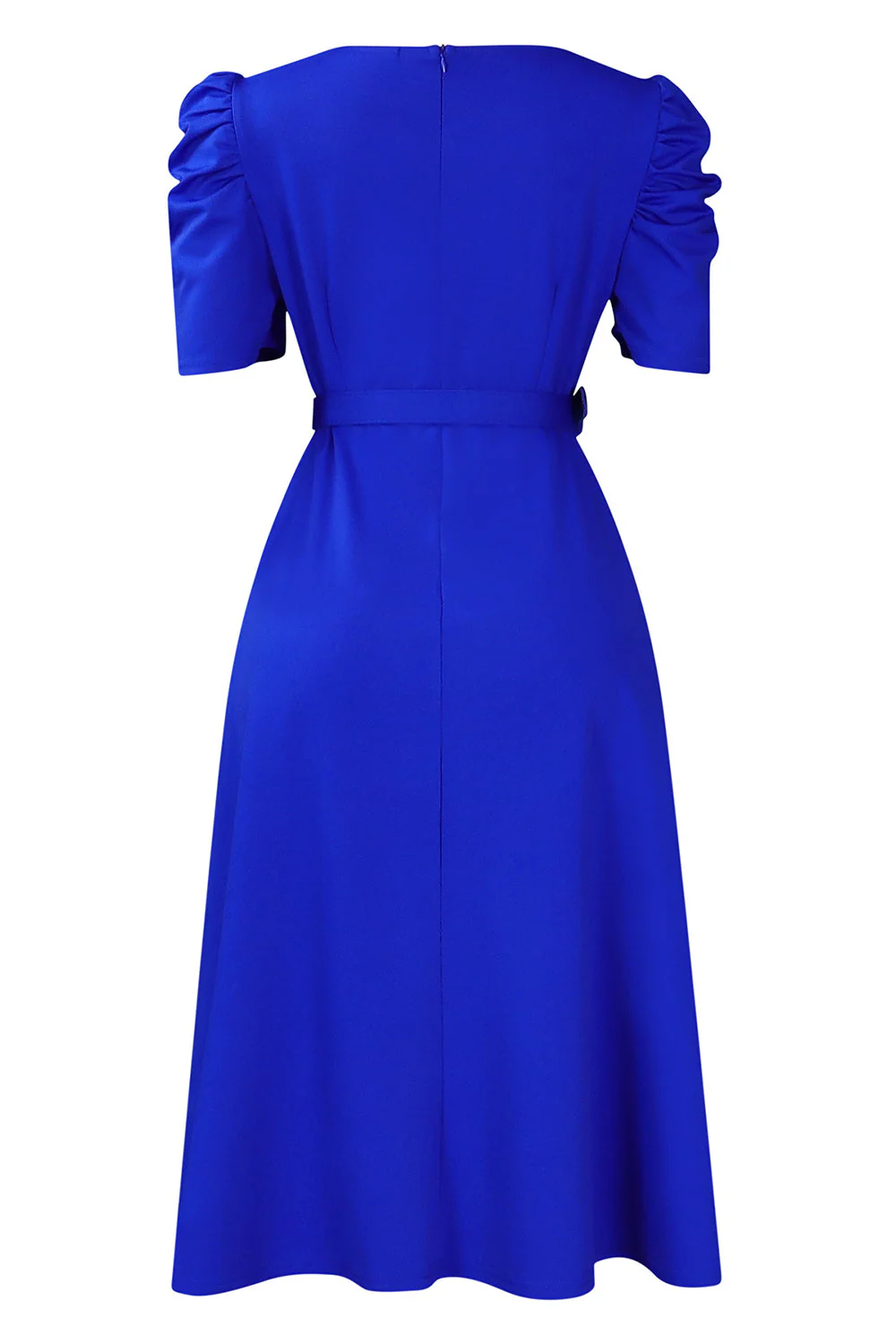 Robe de cocktail bleu royal à col en V à manches courtes avec ceinture - Image 2