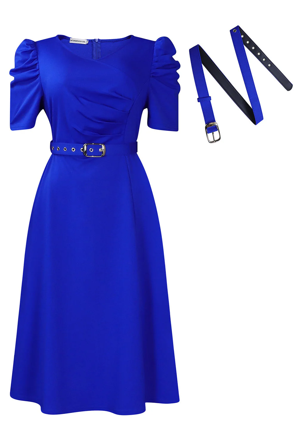 Robe de cocktail bleu royal à col en V à manches courtes avec ceinture - Image 3