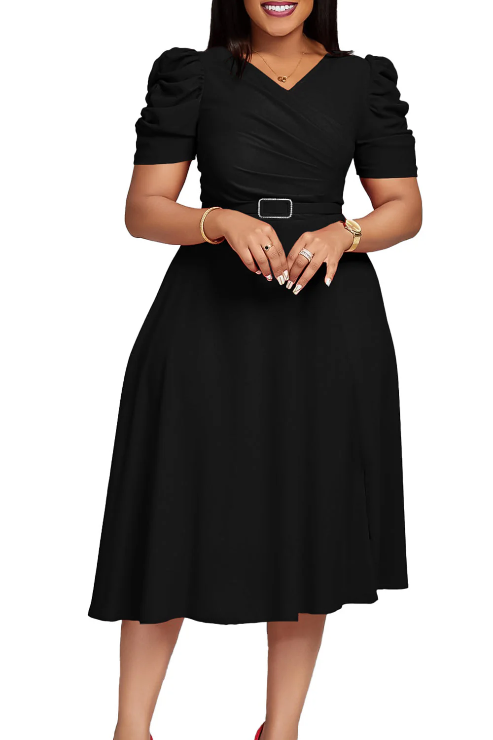 Robe de cocktail bleu royal à col en V à manches courtes avec ceinture - Image 4