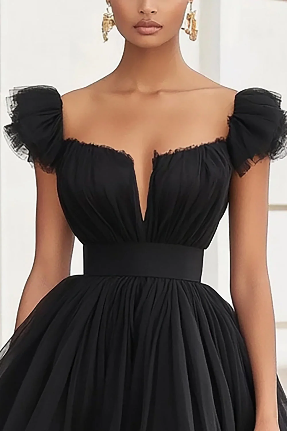 Robe de cocktail courte en tulle noir à manches courtes - Image 2