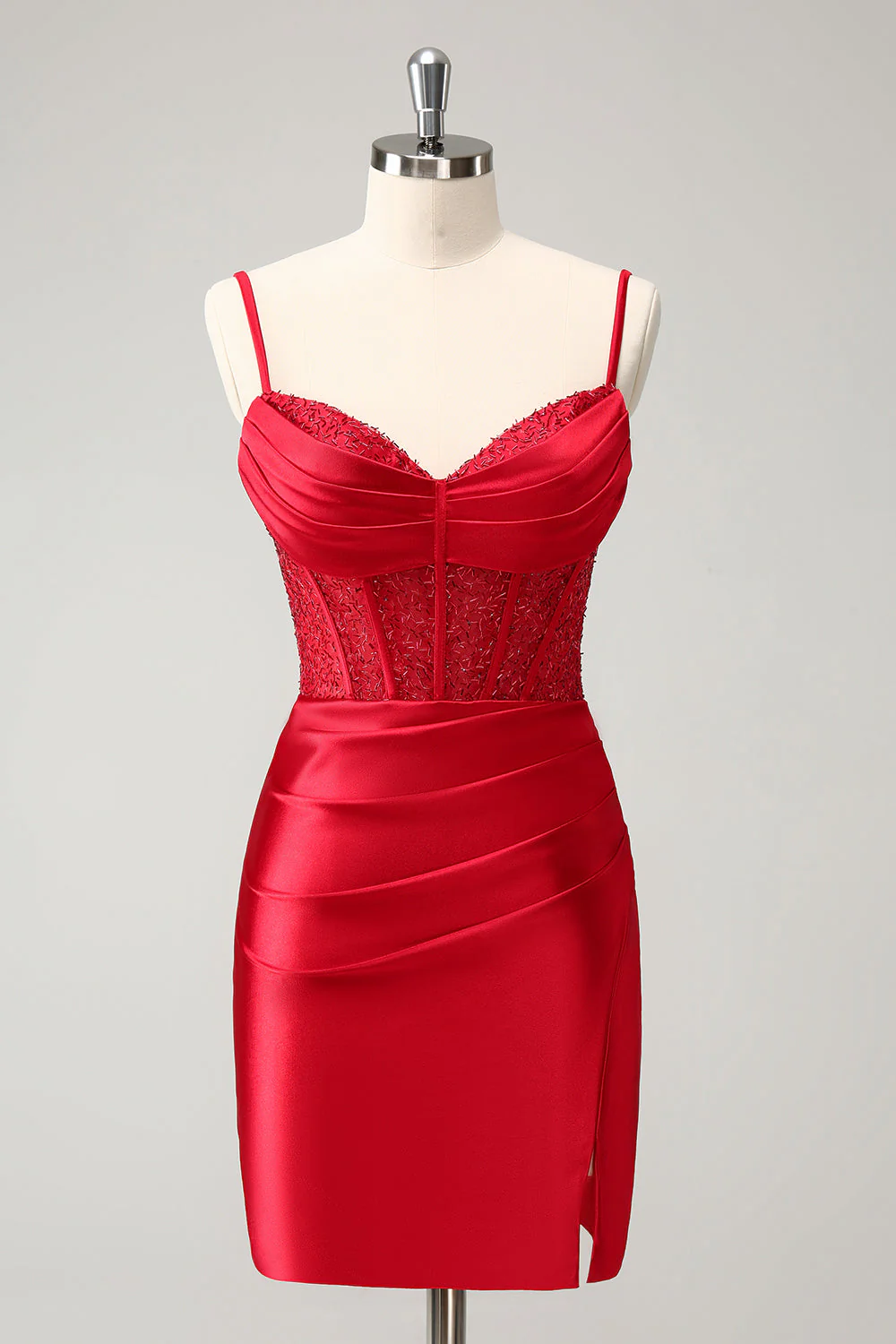 Robe de cocktail en satin moulante à bretelles spaghetti dorées avec fente - Image 7