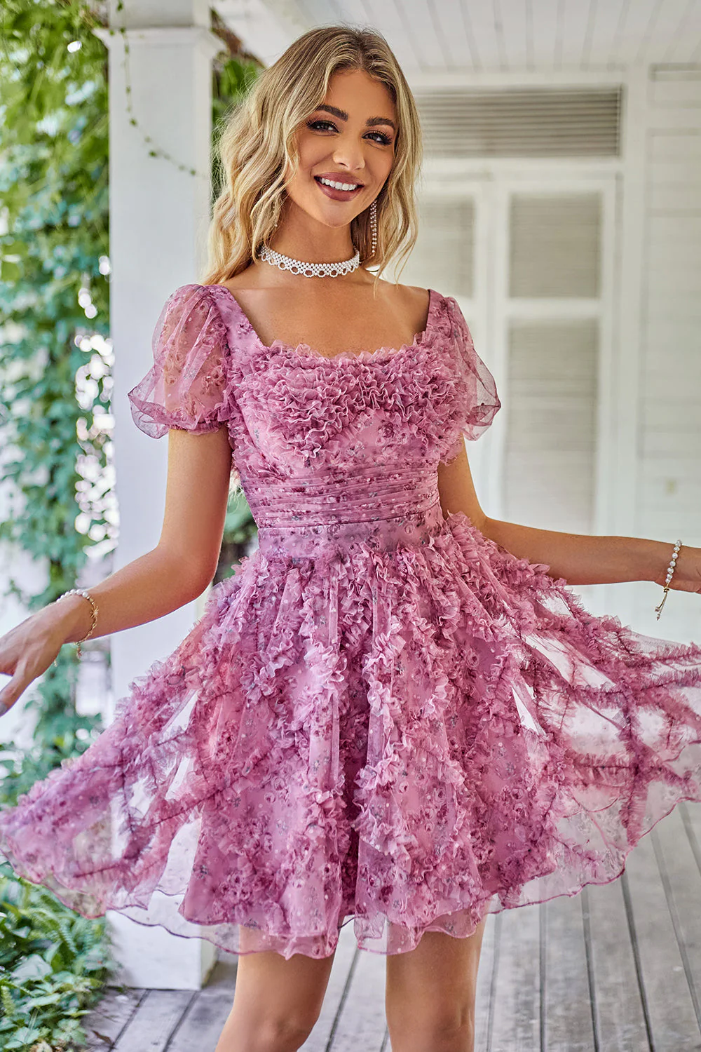 Robe de cocktail floral A Line avec volants - Image 12