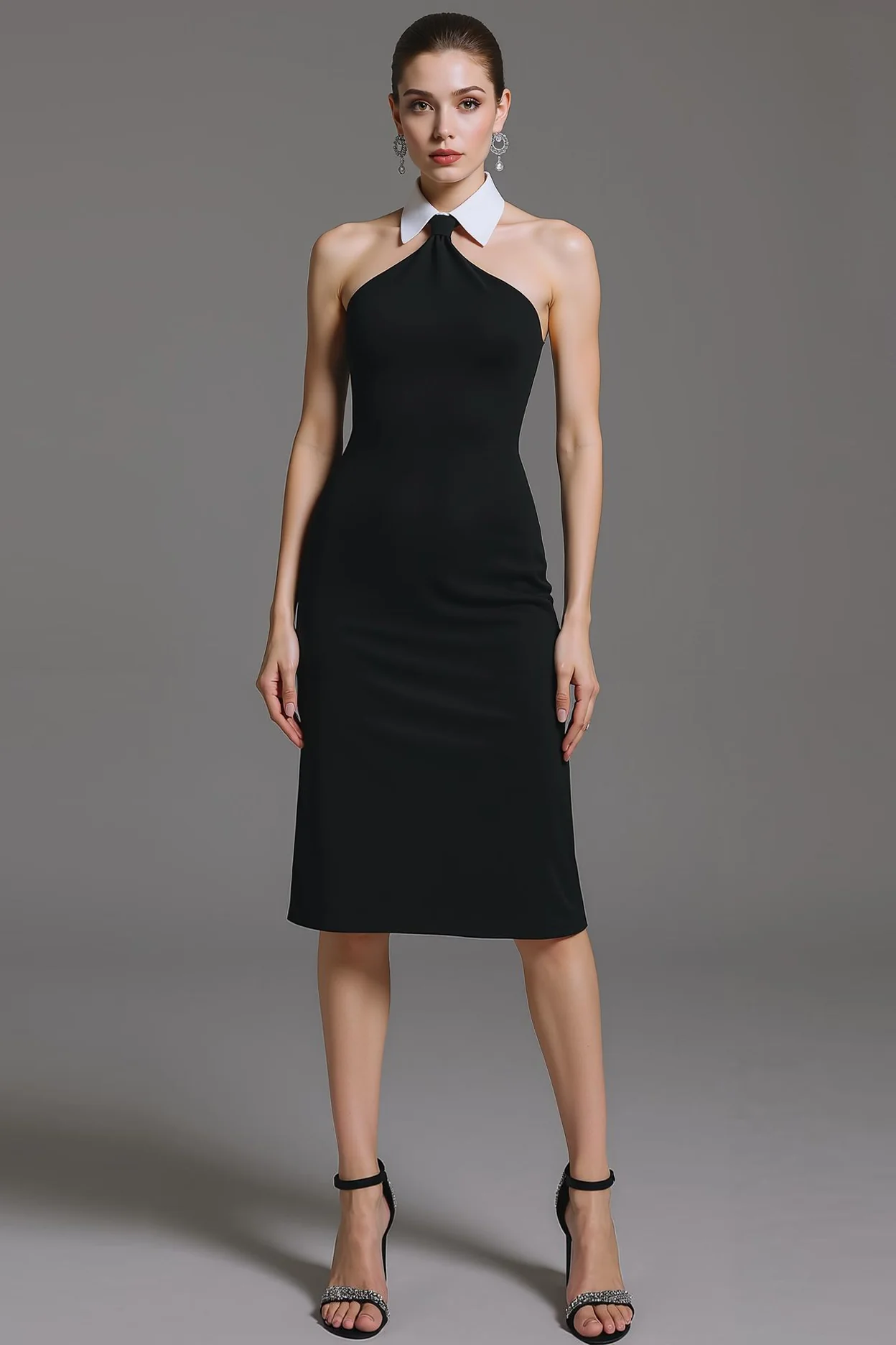Robe de cocktail noire blanche à col moulant