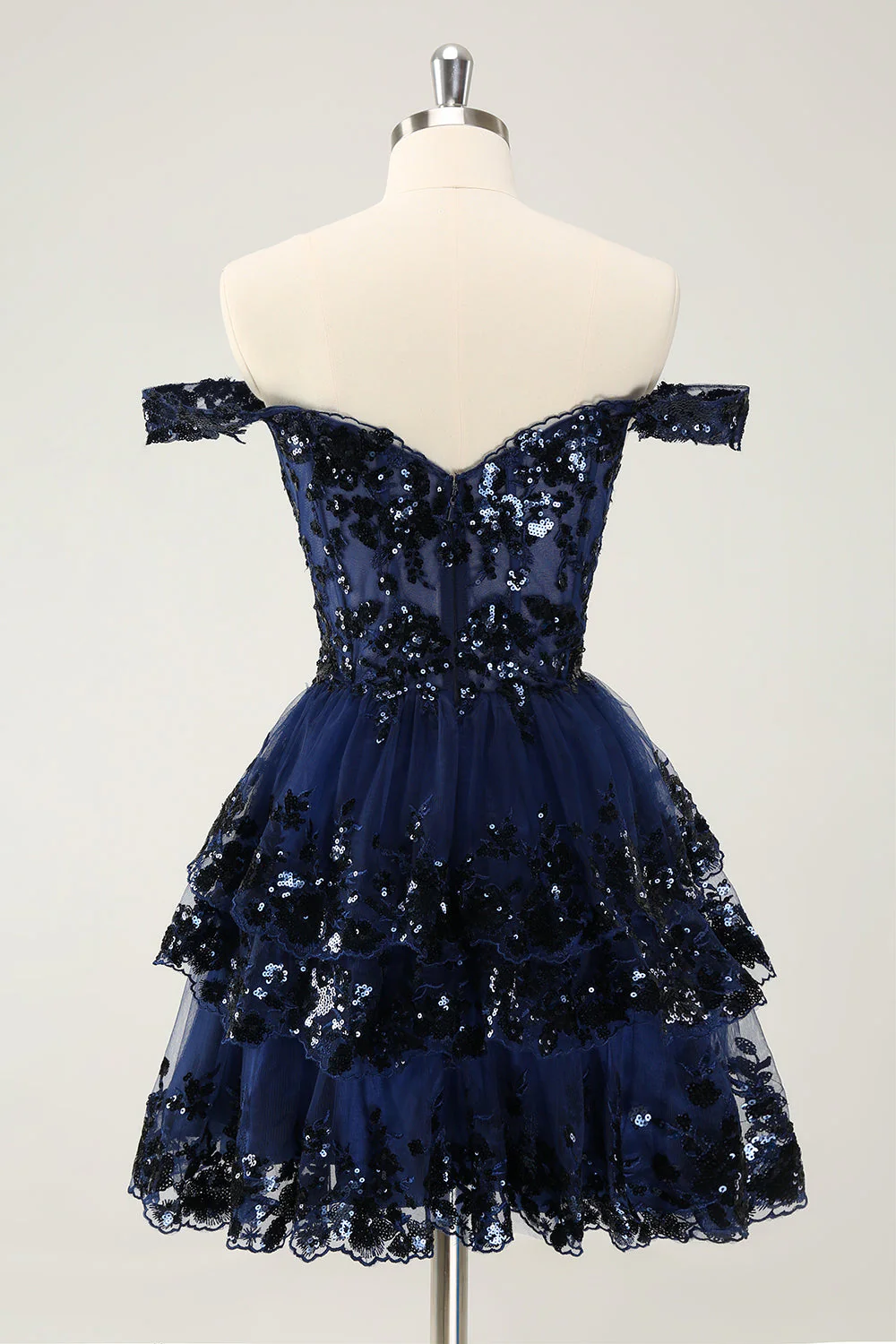 Robe de cocktail noire scintillante en forme de corset à épaules dénudées et en dentelle à plusieurs niveaux - Image 11