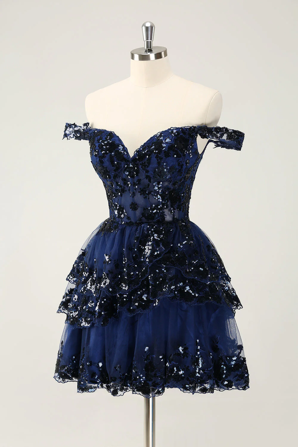 Robe de cocktail noire scintillante en forme de corset à épaules dénudées et en dentelle à plusieurs niveaux - Image 12