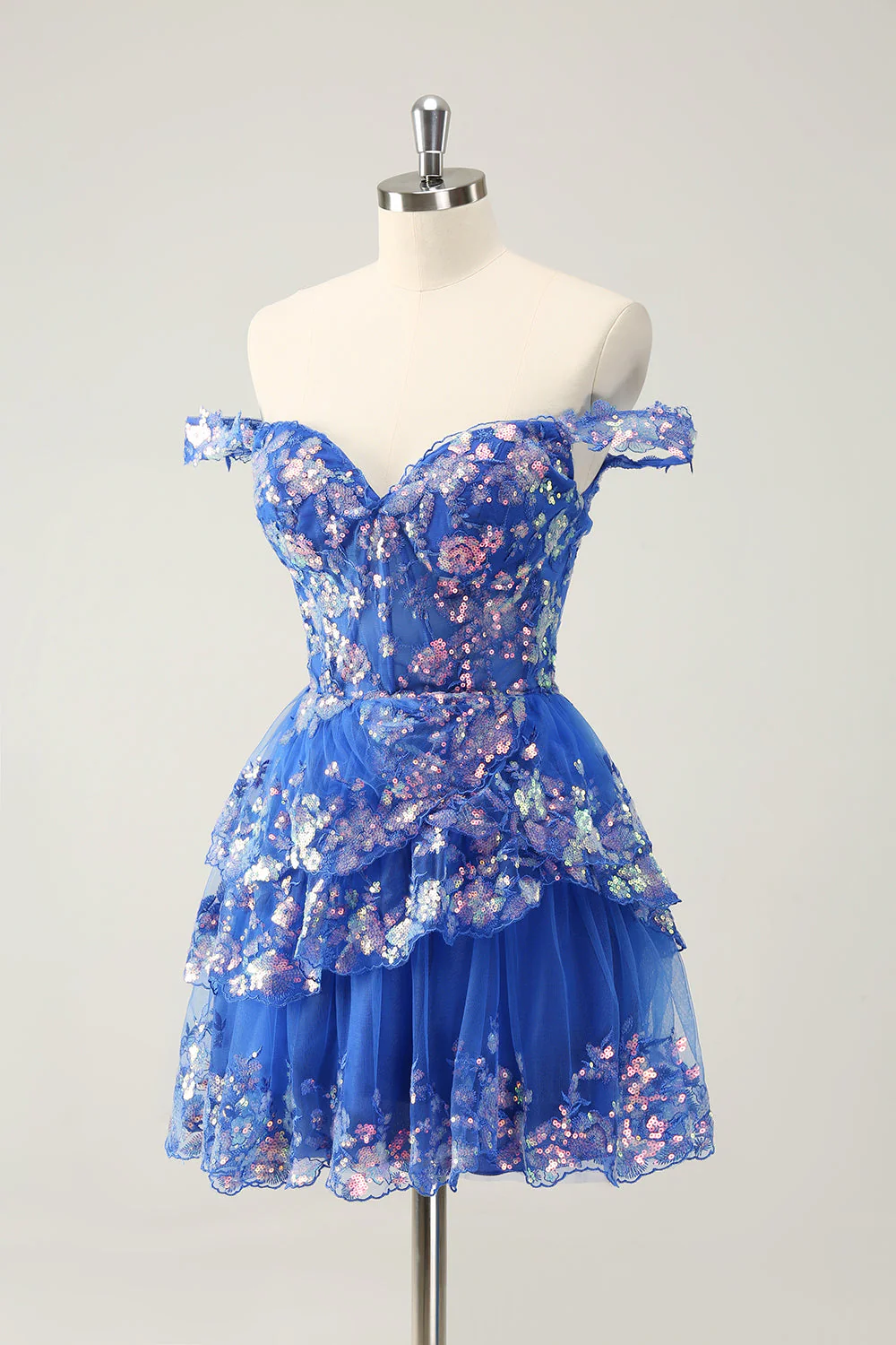 Robe de cocktail noire scintillante en forme de corset à épaules dénudées et en dentelle à plusieurs niveaux - Image 15