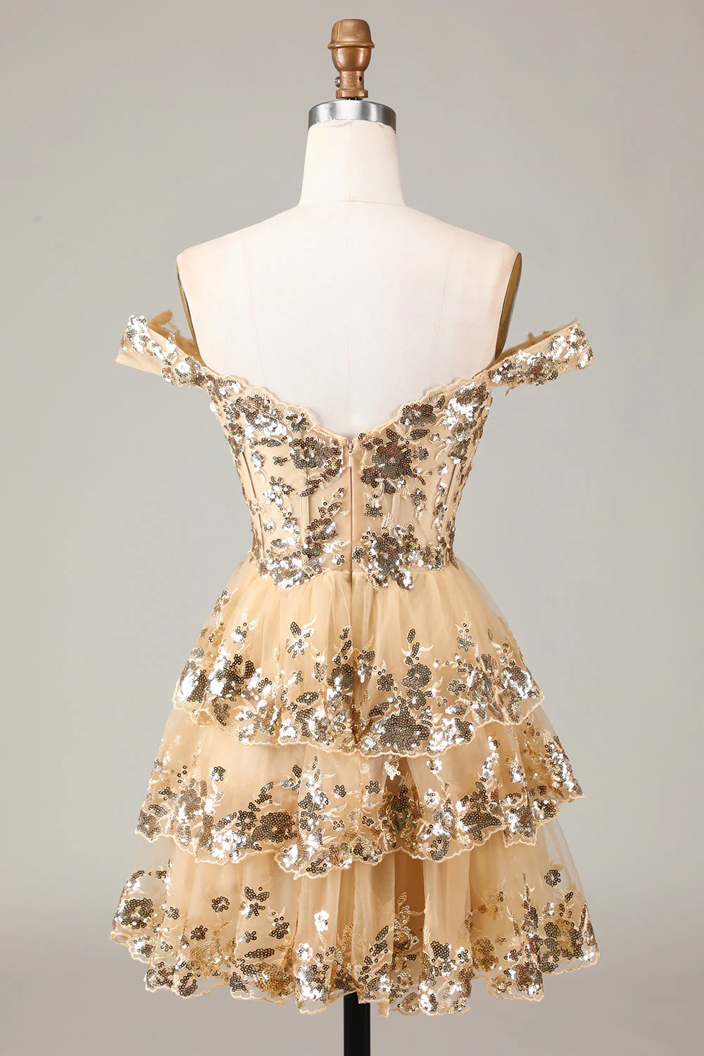 Robe de cocktail noire scintillante en forme de corset à épaules dénudées et en dentelle à plusieurs niveaux - Image 17