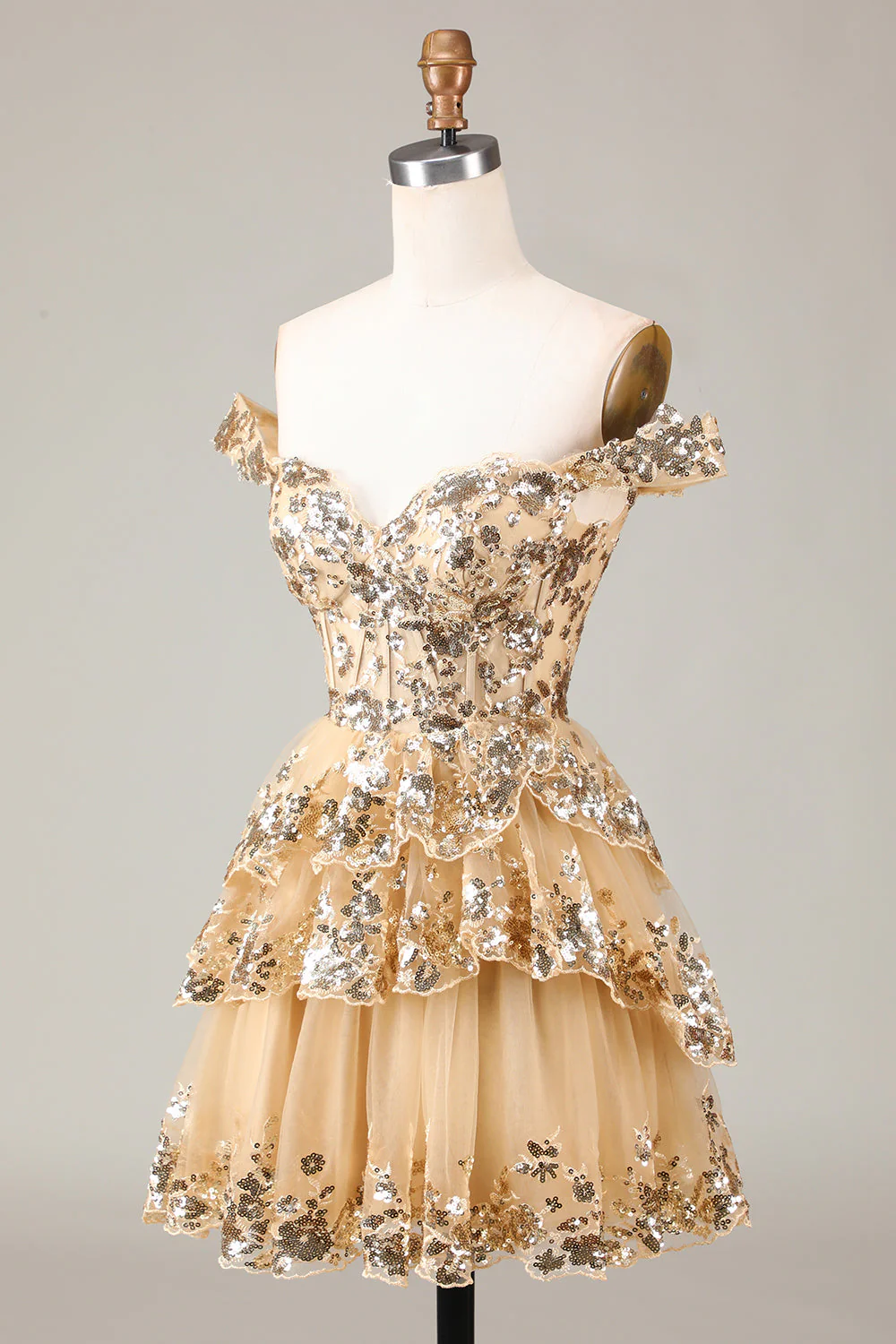 Robe de cocktail noire scintillante en forme de corset à épaules dénudées et en dentelle à plusieurs niveaux - Image 18