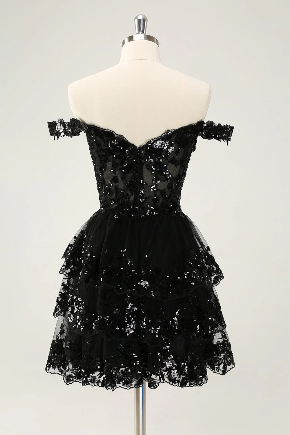 Robe de cocktail noire scintillante en forme de corset à épaules dénudées et en dentelle à plusieurs niveaux - Image 2