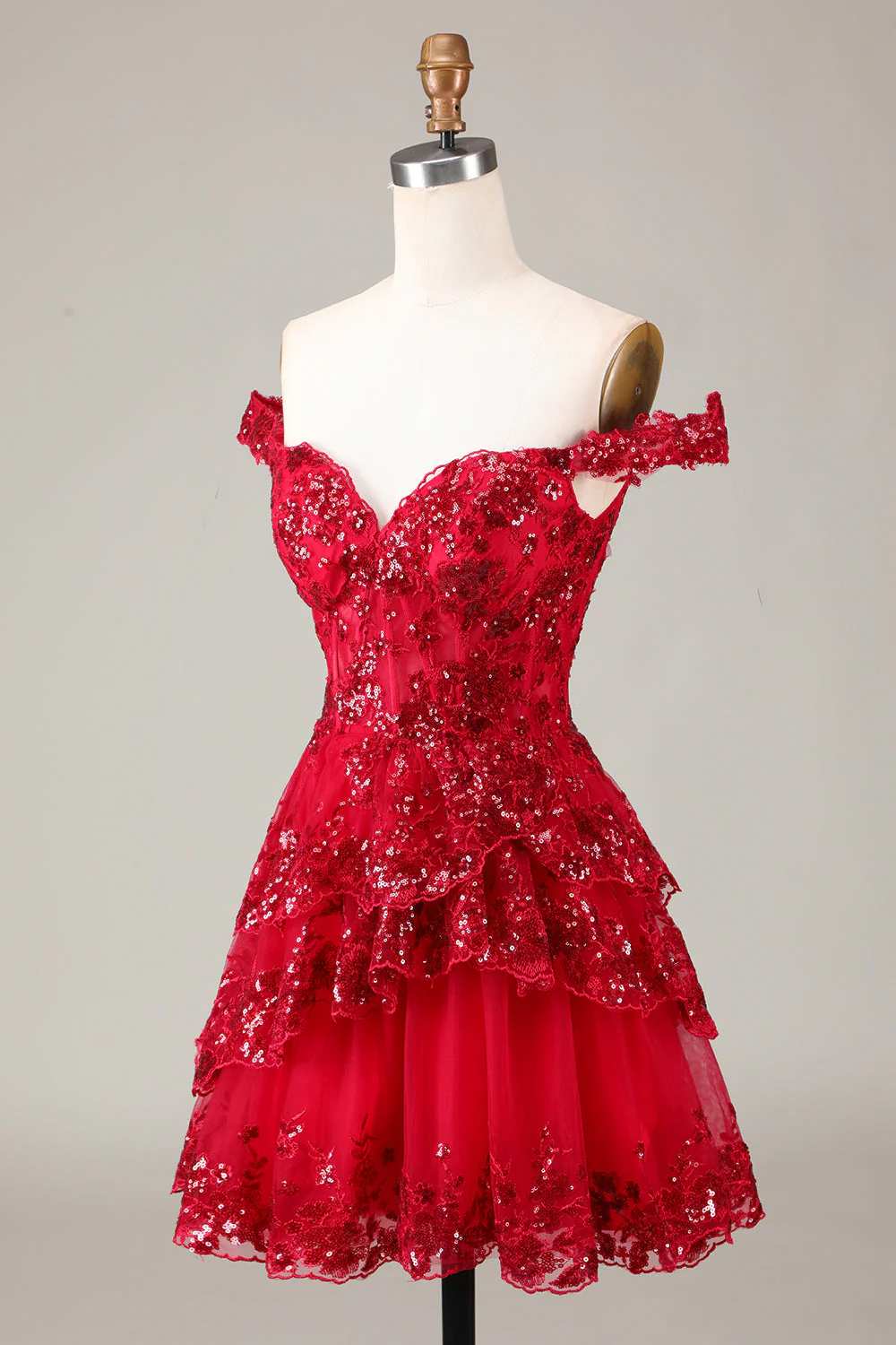 Robe de cocktail noire scintillante en forme de corset à épaules dénudées et en dentelle à plusieurs niveaux - Image 20