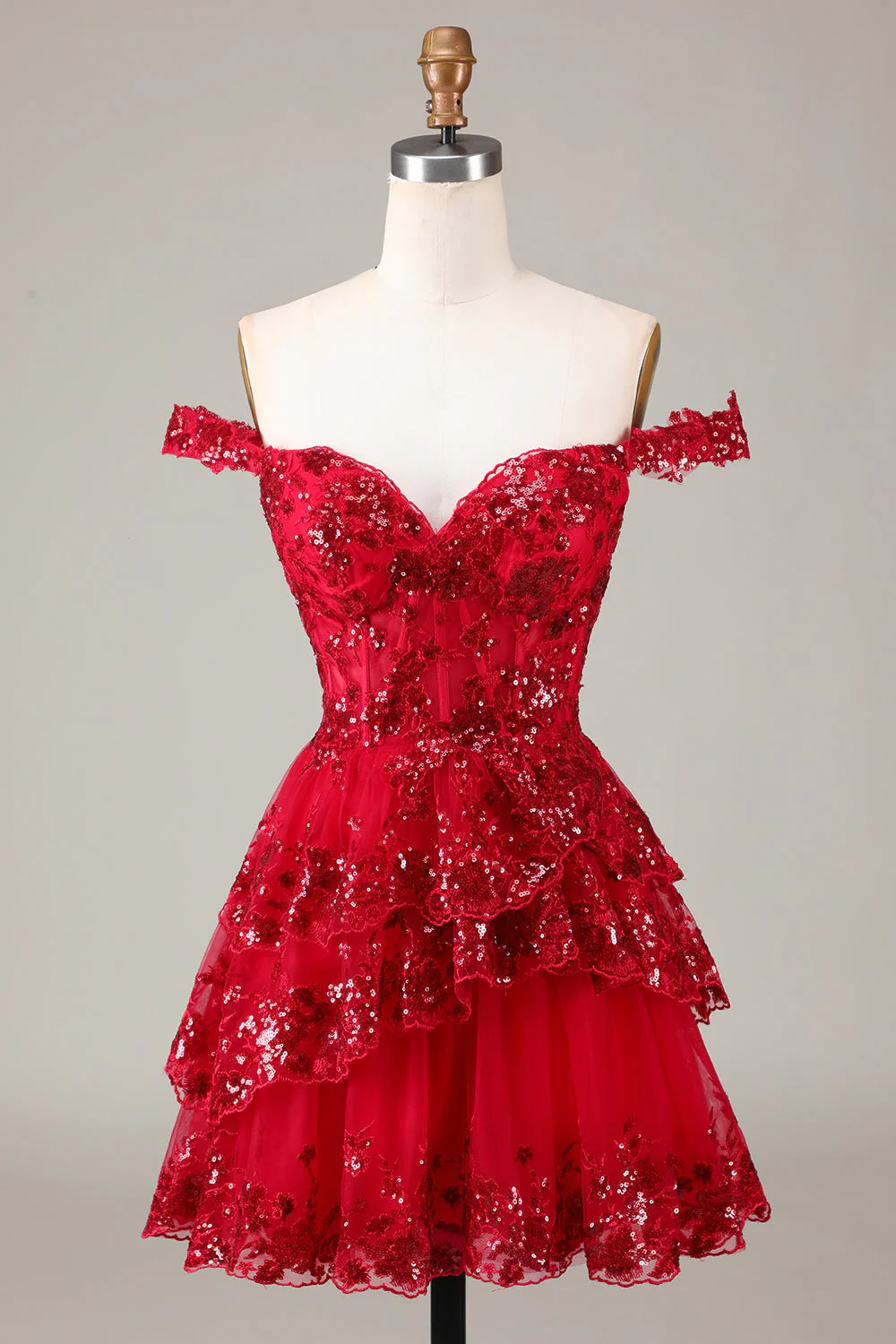 Robe de cocktail noire scintillante en forme de corset à épaules dénudées et en dentelle à plusieurs niveaux - Image 21