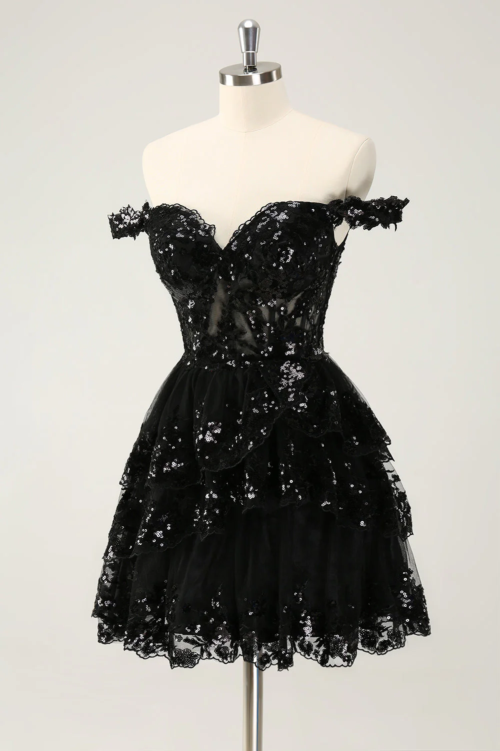 Robe de cocktail noire scintillante en forme de corset à épaules dénudées et en dentelle à plusieurs niveaux - Image 3