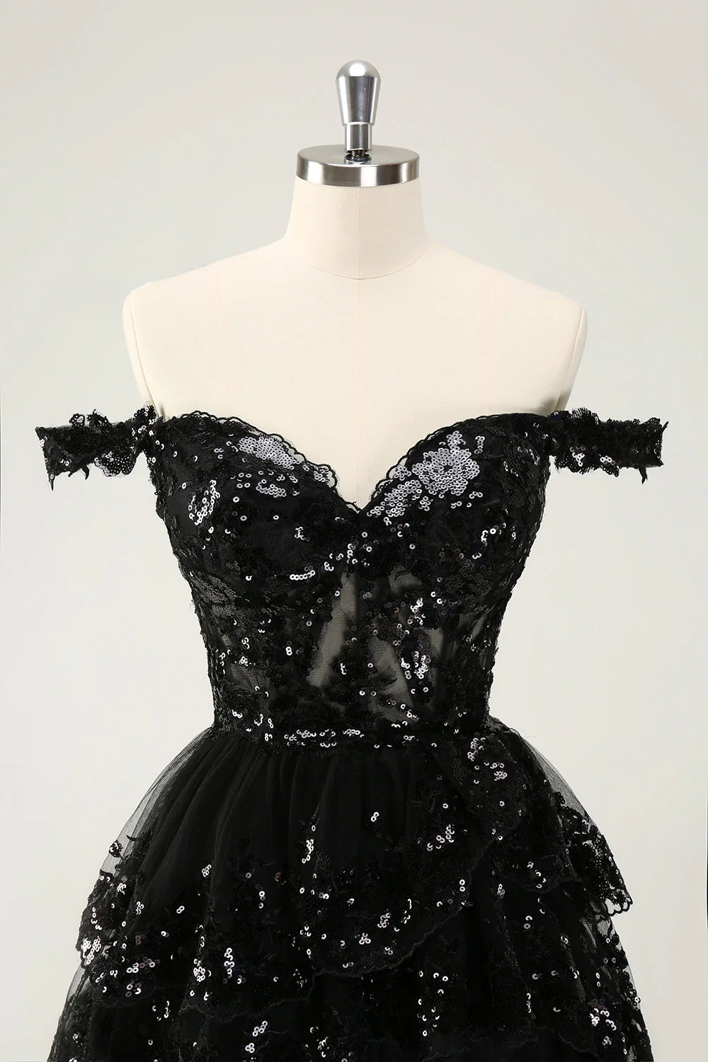 Robe de cocktail noire scintillante en forme de corset à épaules dénudées et en dentelle à plusieurs niveaux - Image 4