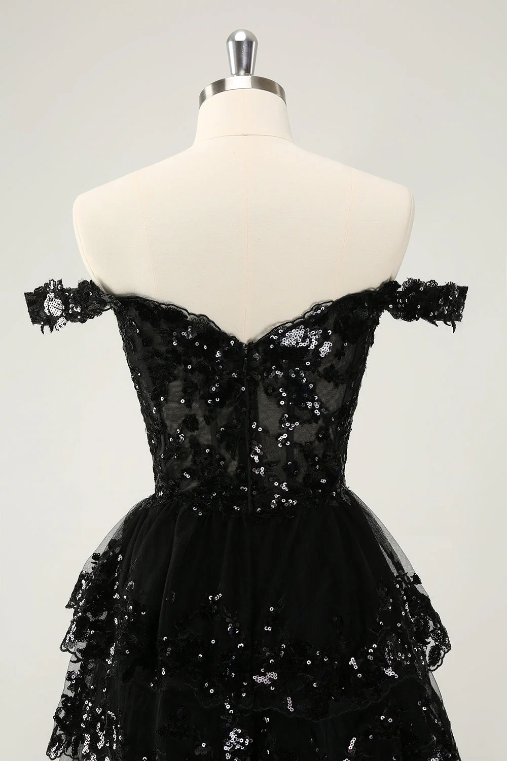 Robe de cocktail noire scintillante en forme de corset à épaules dénudées et en dentelle à plusieurs niveaux - Image 5