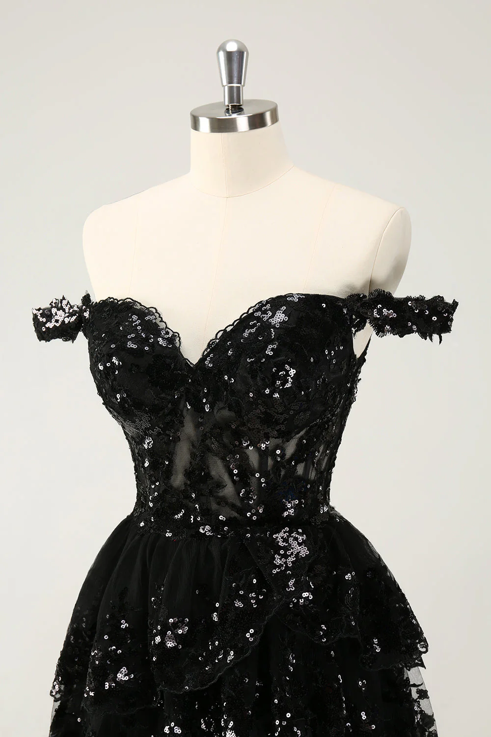 Robe de cocktail noire scintillante en forme de corset à épaules dénudées et en dentelle à plusieurs niveaux - Image 6