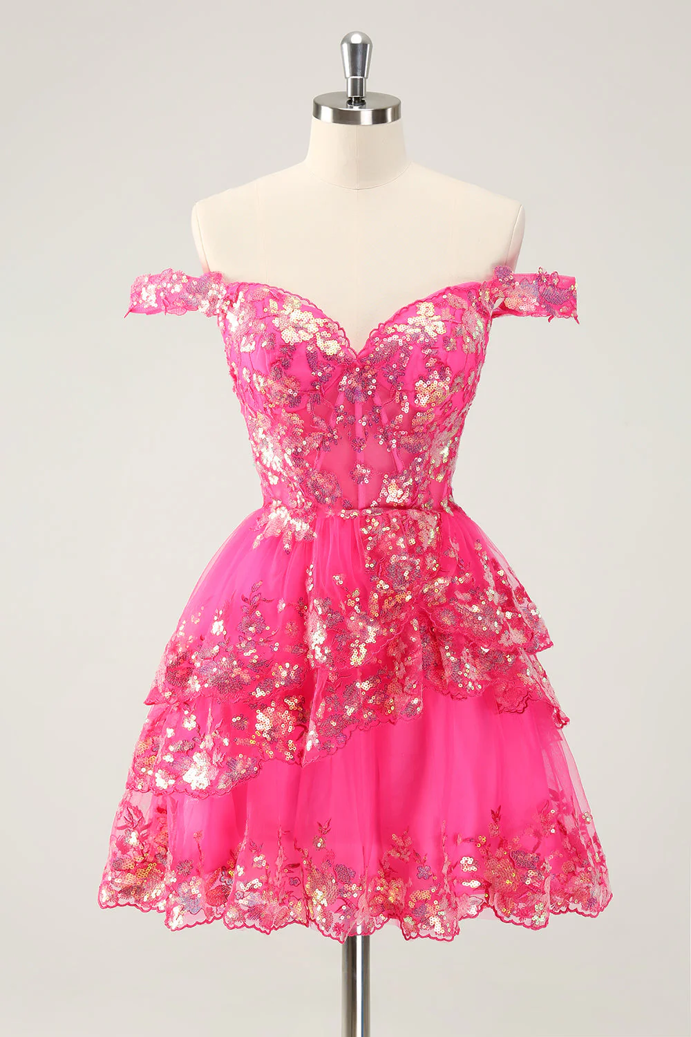 Robe de cocktail noire scintillante en forme de corset à épaules dénudées et en dentelle à plusieurs niveaux - Image 7