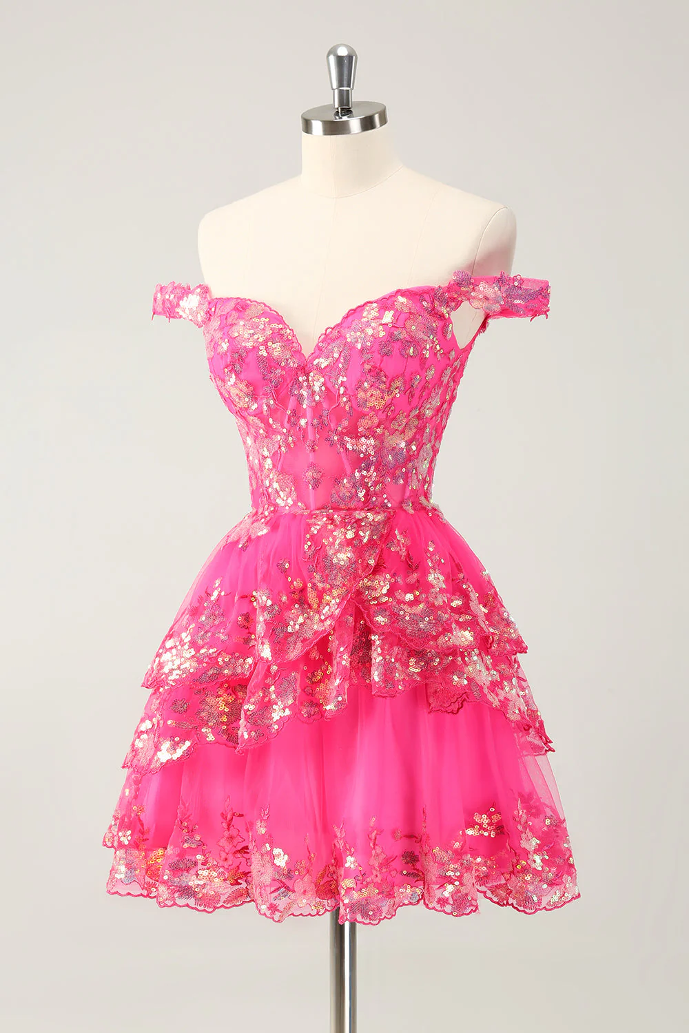 Robe de cocktail noire scintillante en forme de corset à épaules dénudées et en dentelle à plusieurs niveaux - Image 9