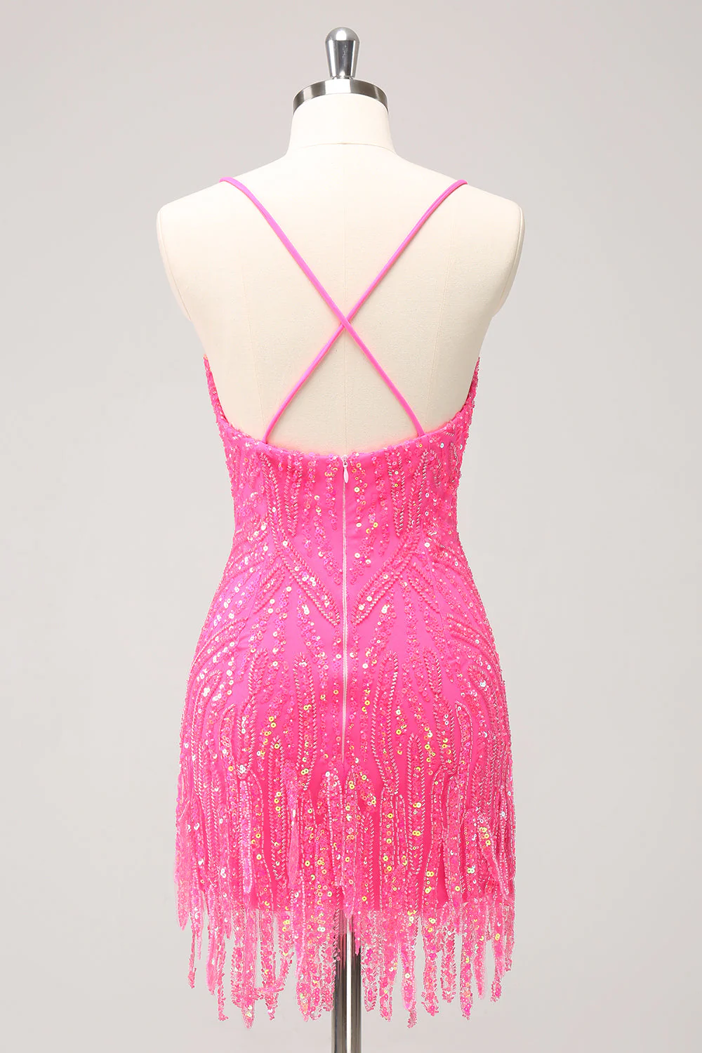 Robe de cocktail rose vif scintillante à paillettes et col en V avec franges - Image 2