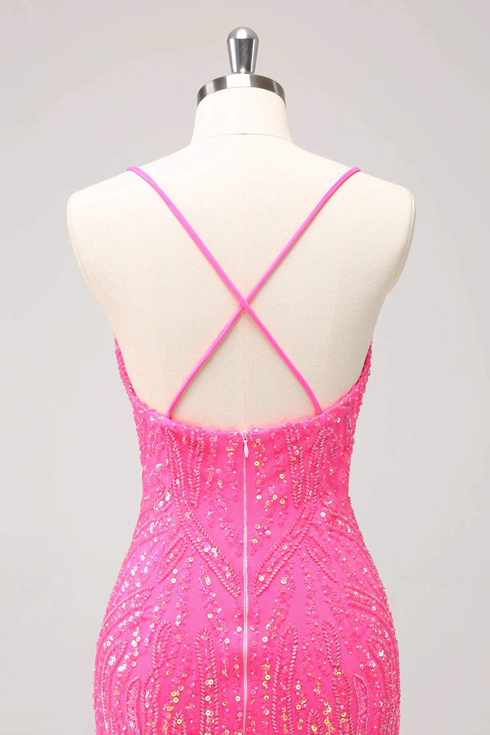Robe de cocktail rose vif scintillante à paillettes et col en V avec franges - Image 7