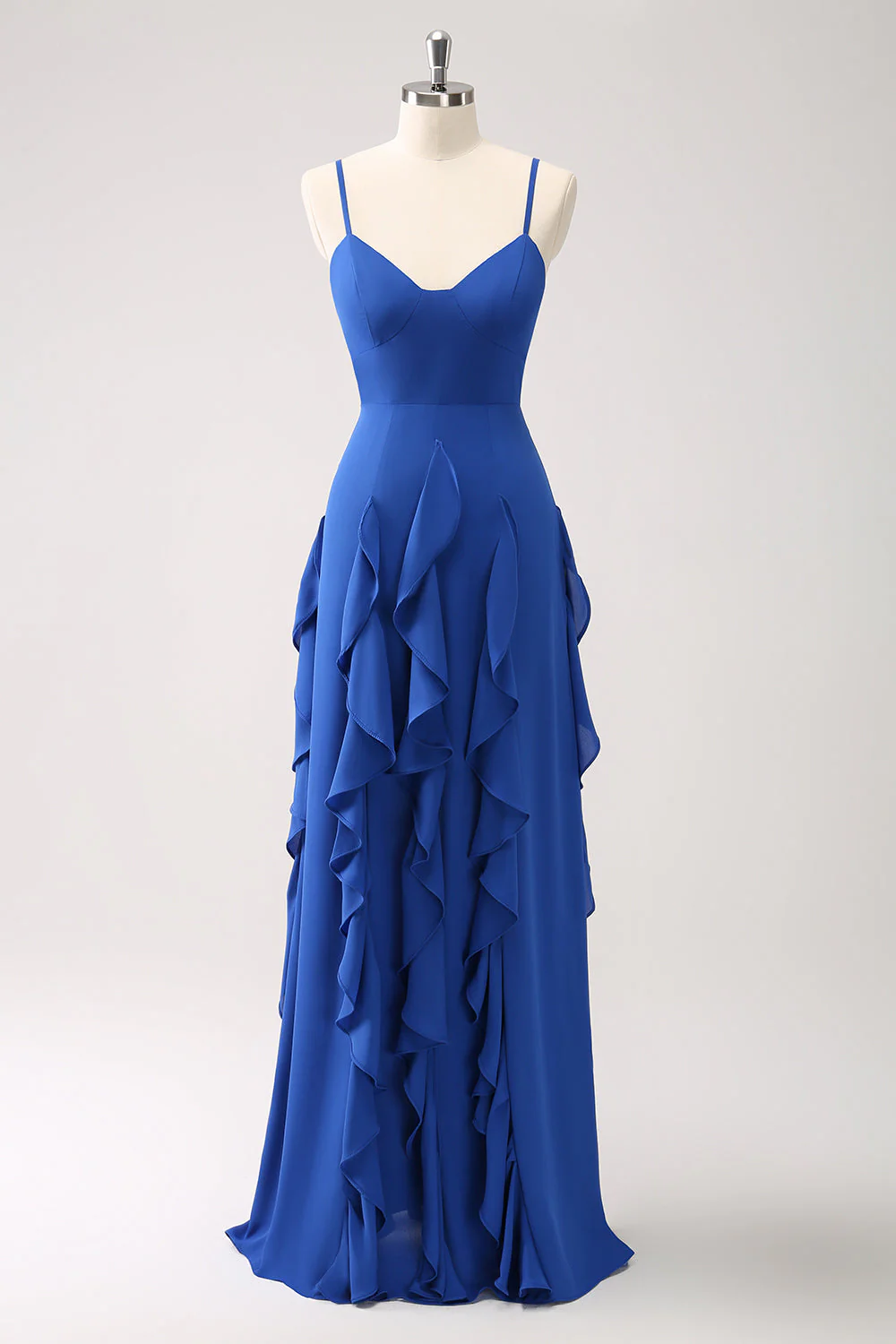 Robe de demoiselle d’honneur à bretelles spaghetti bleu foncé trapèze avec volants
