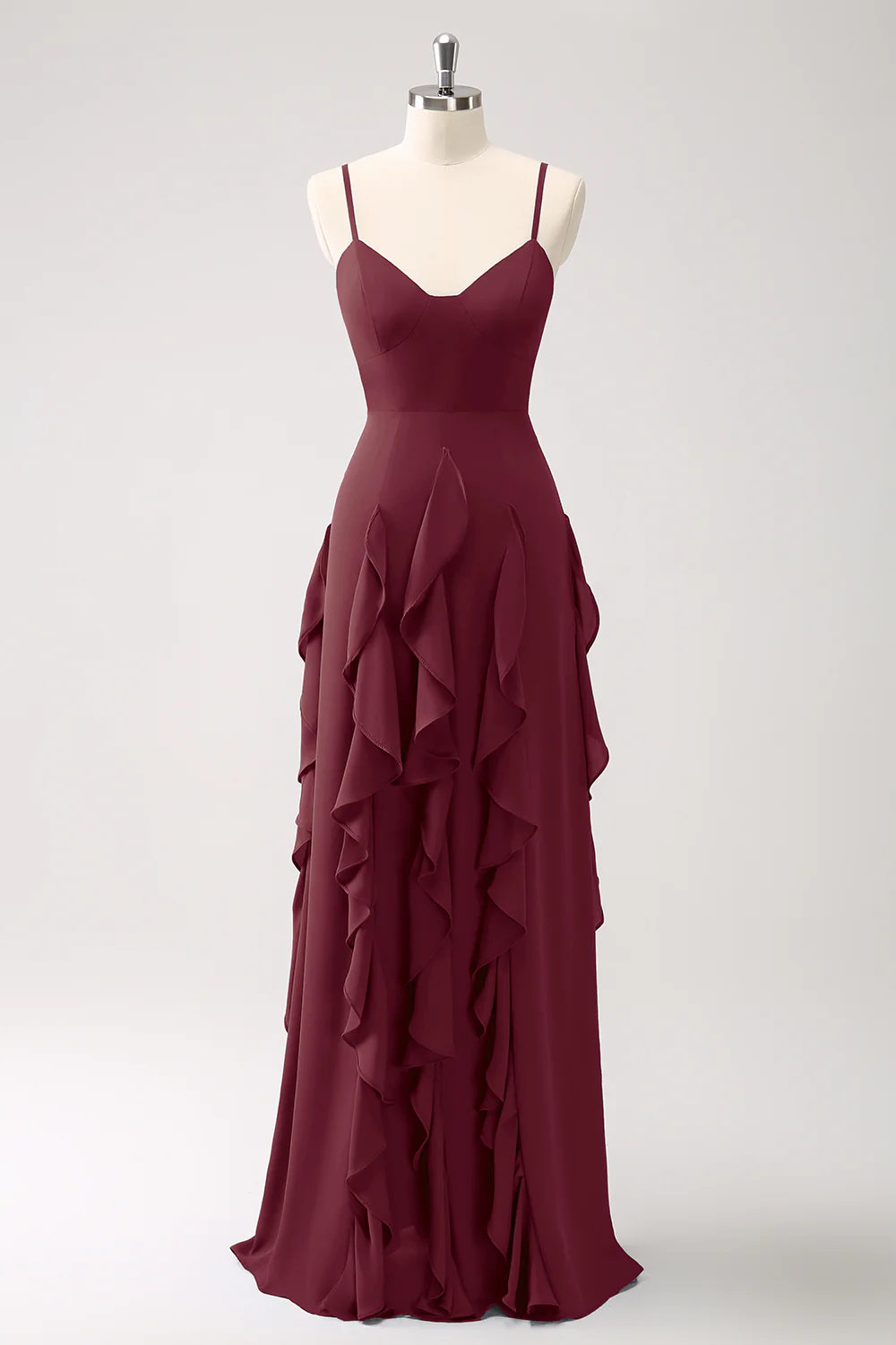 Robe de demoiselle d’honneur à bretelles spaghetti bleu foncé trapèze avec volants - Image 11