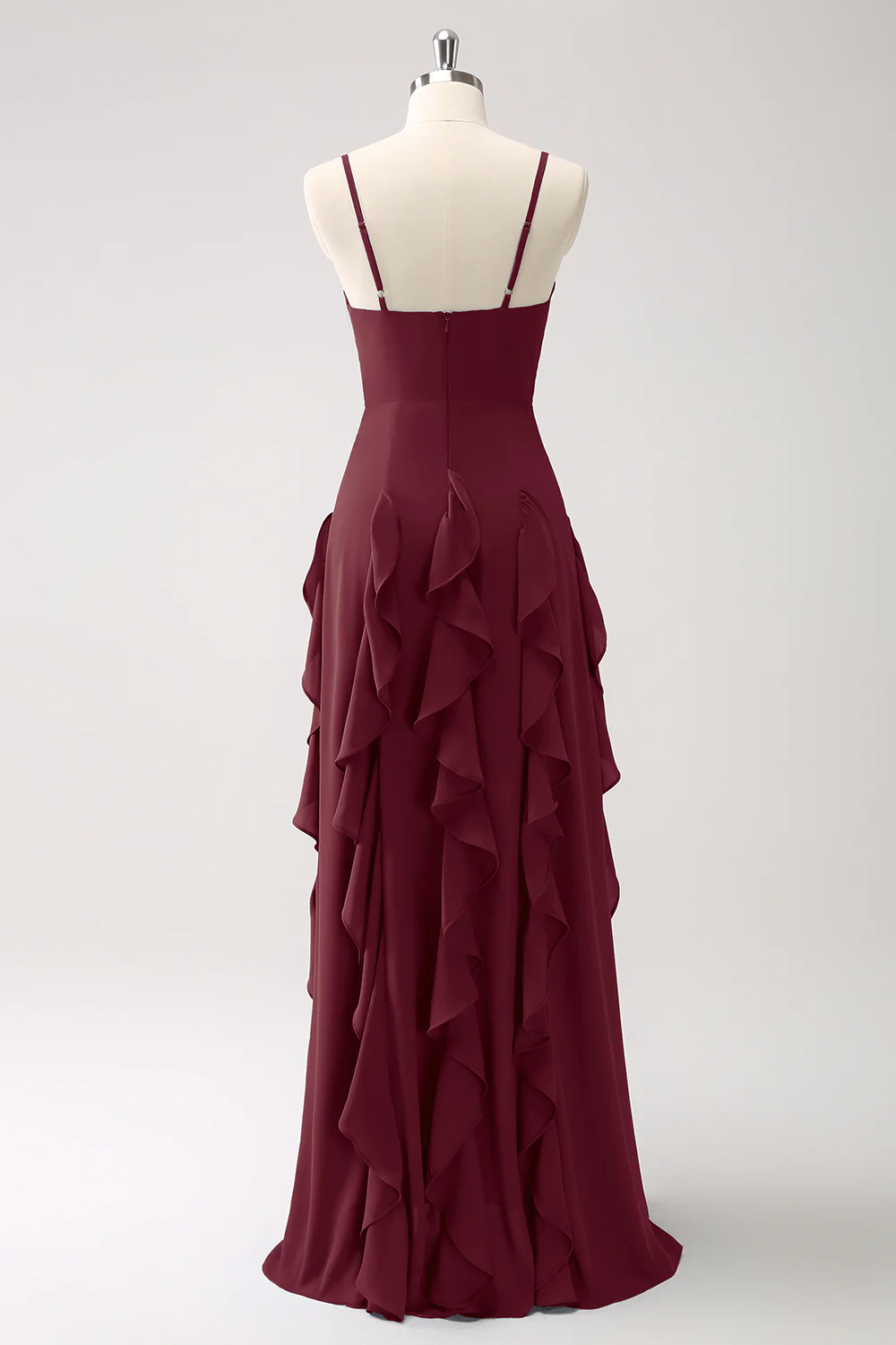 Robe de demoiselle d’honneur à bretelles spaghetti bleu foncé trapèze avec volants - Image 12