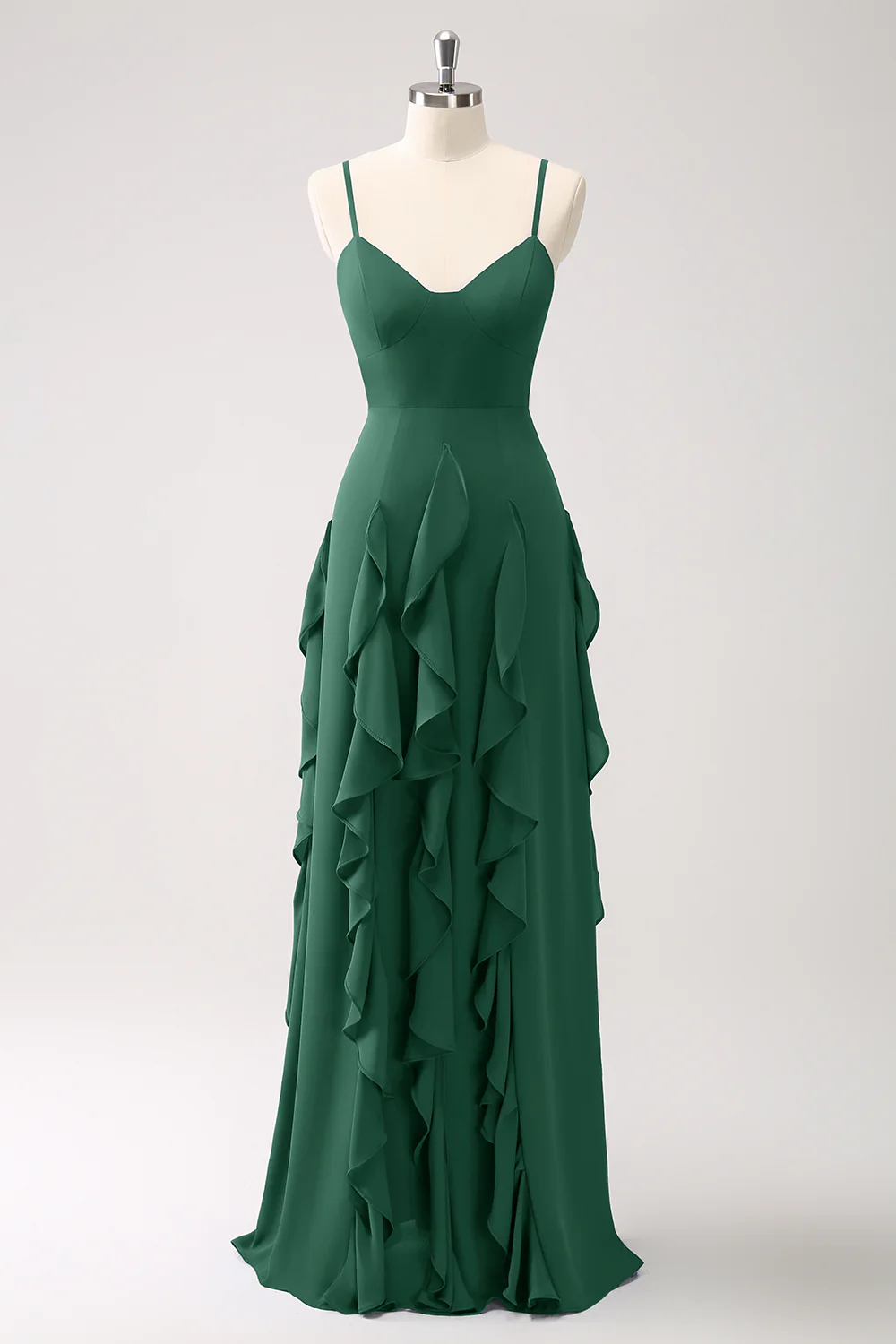 Robe de demoiselle d’honneur à bretelles spaghetti bleu foncé trapèze avec volants - Image 17