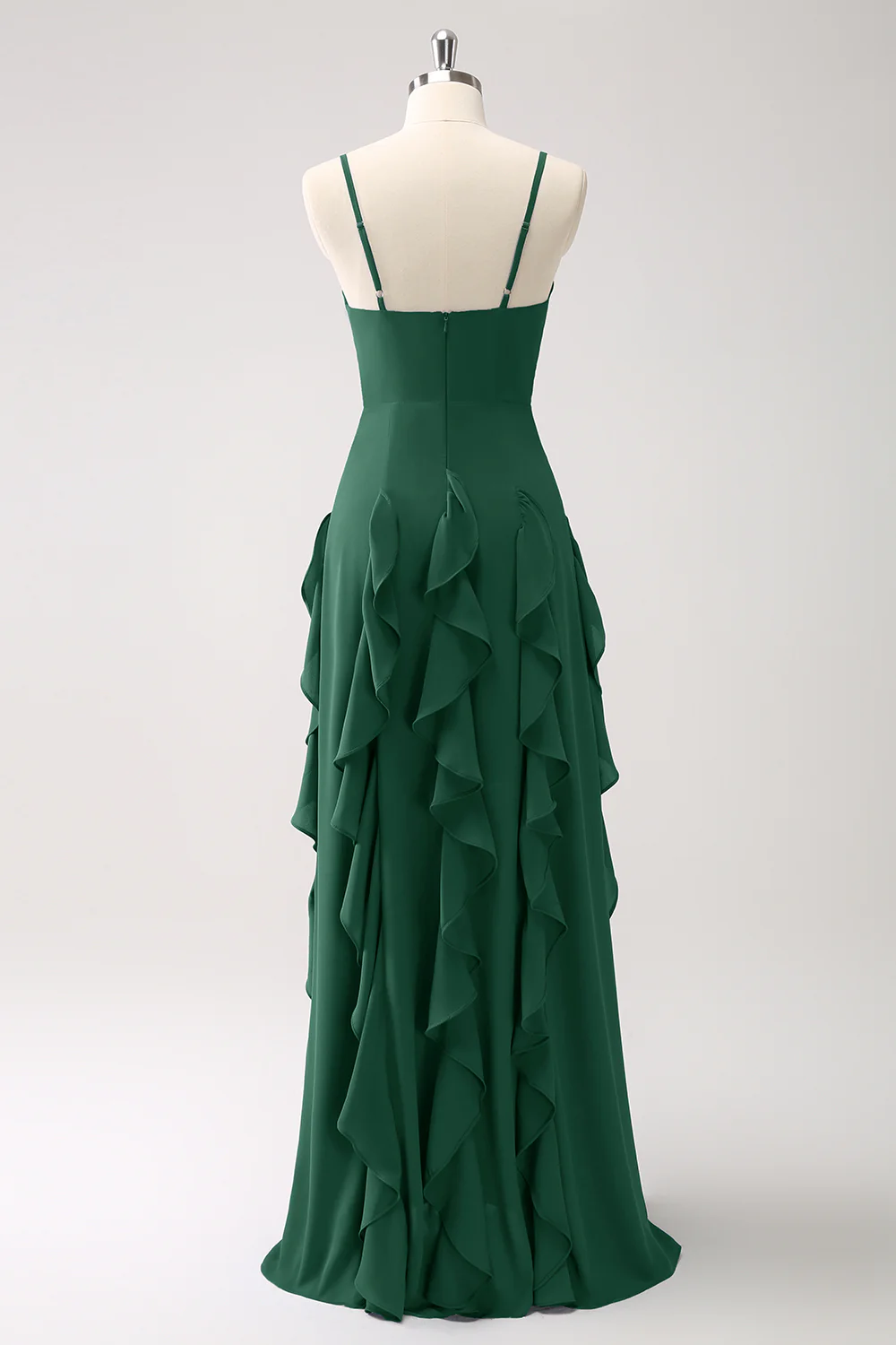 Robe de demoiselle d’honneur à bretelles spaghetti bleu foncé trapèze avec volants - Image 18