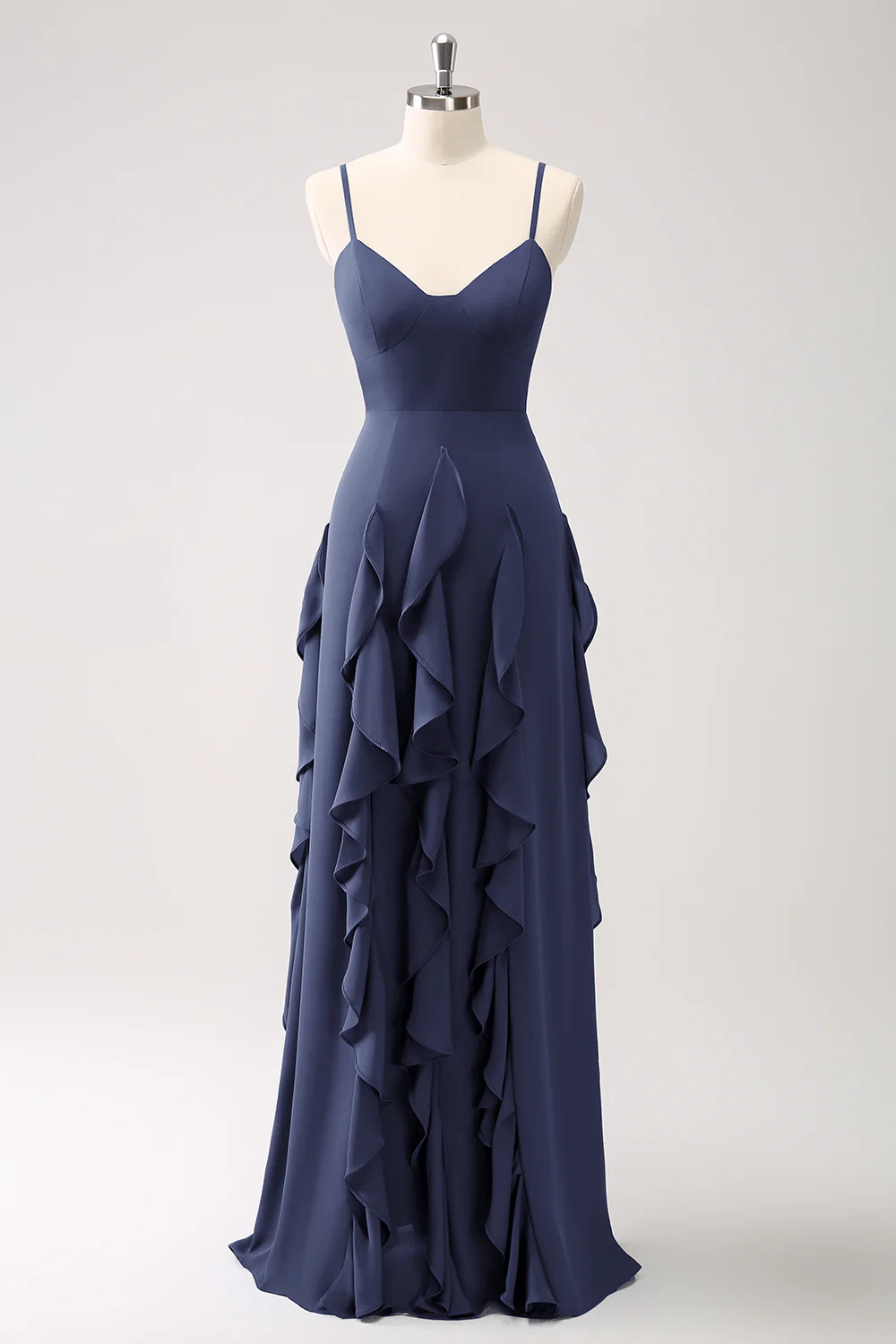 Robe de demoiselle d’honneur à bretelles spaghetti bleu foncé trapèze avec volants - Image 19