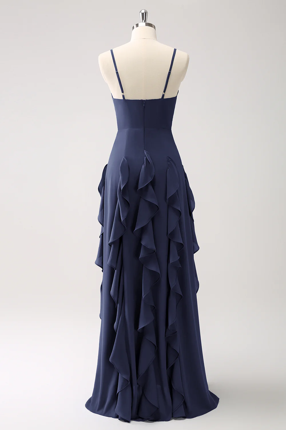Robe de demoiselle d’honneur à bretelles spaghetti bleu foncé trapèze avec volants - Image 20