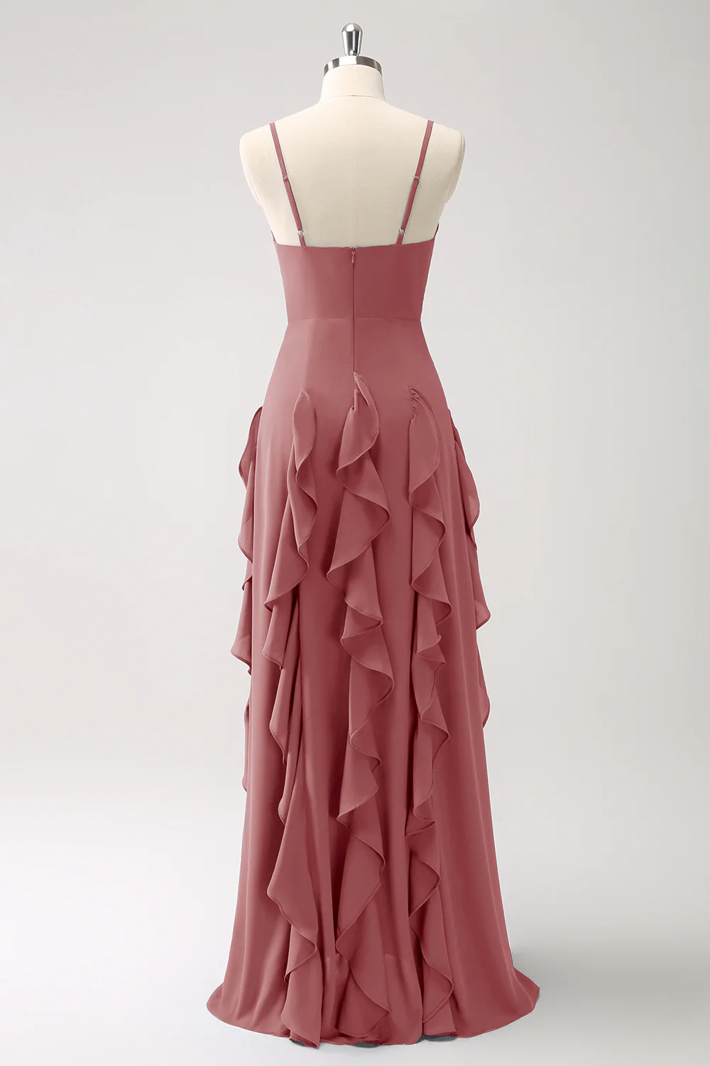 Robe de demoiselle d’honneur à bretelles spaghetti bleu foncé trapèze avec volants - Image 22