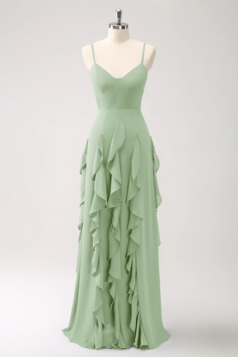 Robe de demoiselle d’honneur à bretelles spaghetti bleu foncé trapèze avec volants - Image 23