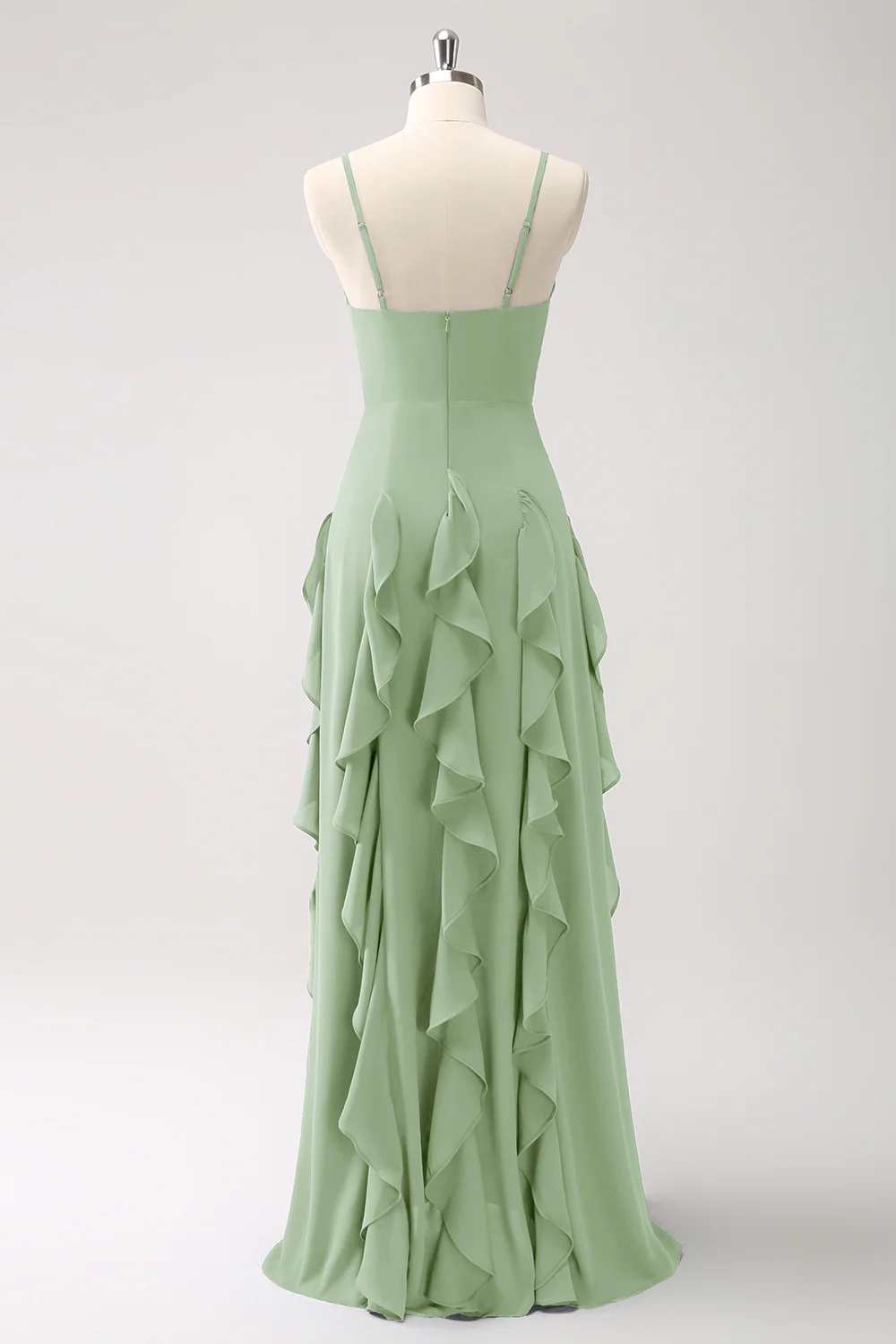 Robe de demoiselle d’honneur à bretelles spaghetti bleu foncé trapèze avec volants - Image 24