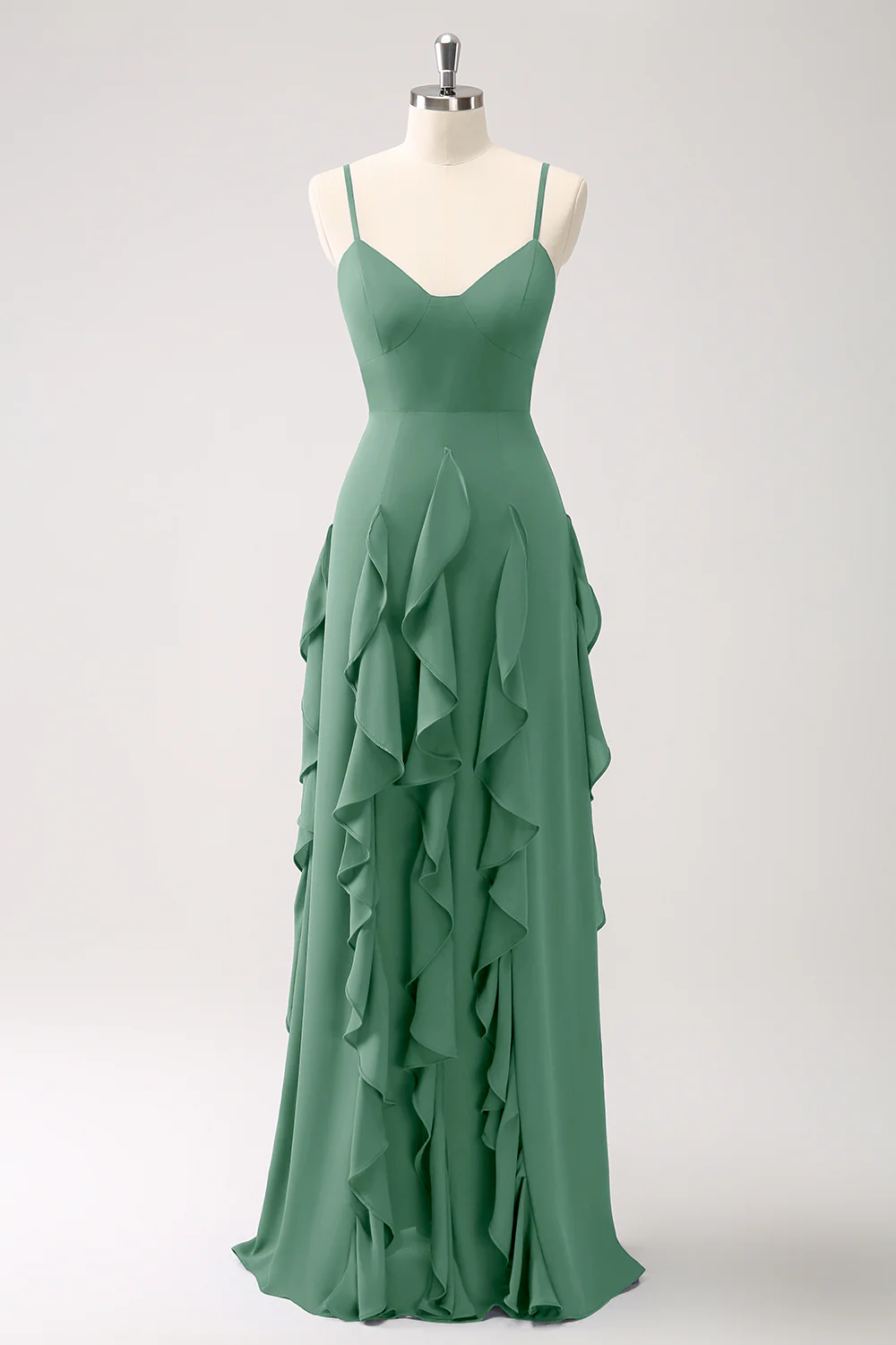 Robe de demoiselle d’honneur à bretelles spaghetti bleu foncé trapèze avec volants - Image 25