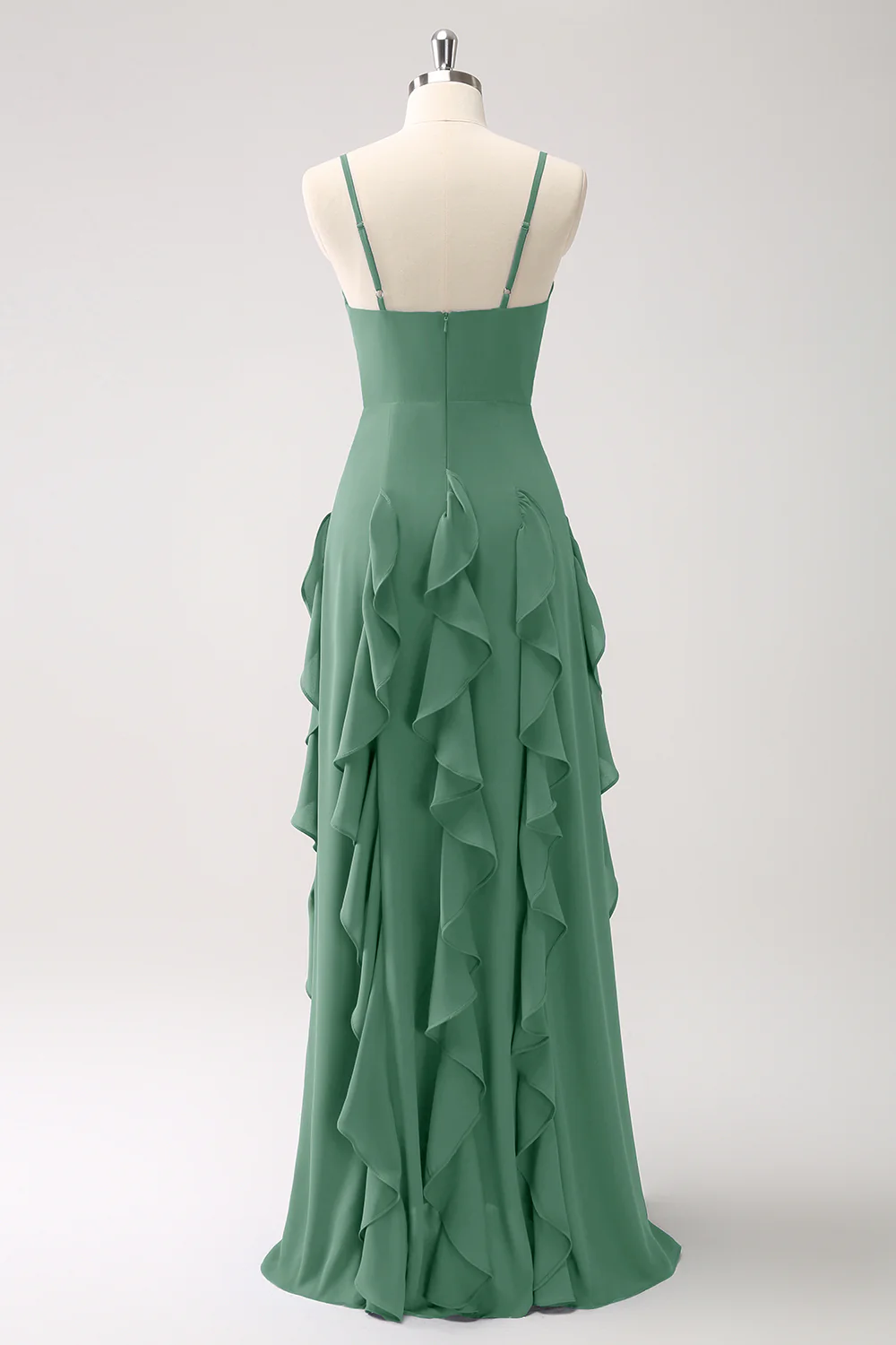 Robe de demoiselle d’honneur à bretelles spaghetti bleu foncé trapèze avec volants - Image 26