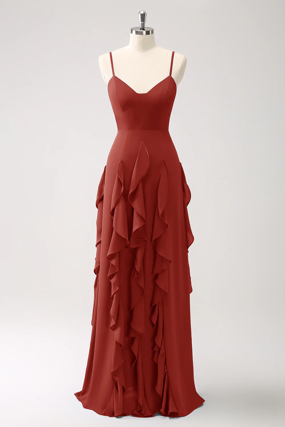 Robe de demoiselle d’honneur à bretelles spaghetti Bleu poussiéreux trapèze avec volants - Image 13
