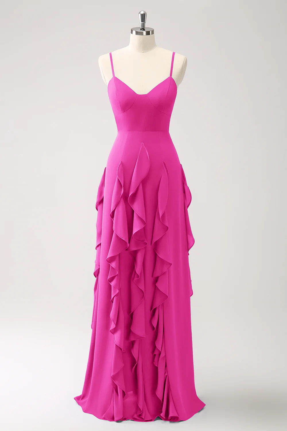 Robe de demoiselle d’honneur à bretelles spaghetti Bleu poussiéreux trapèze avec volants - Image 21