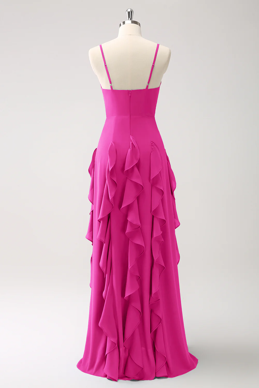 Robe de demoiselle d’honneur à bretelles spaghetti Bleu poussiéreux trapèze avec volants - Image 22