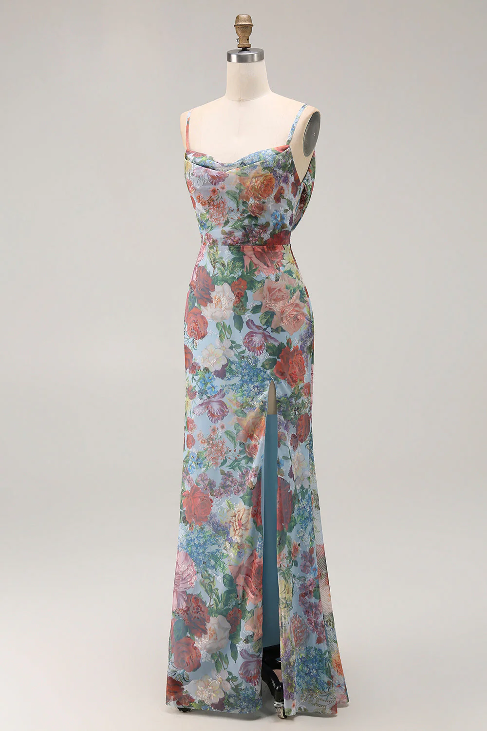 Robe de demoiselle d’honneur à bretelles spaghetti imprimée bleue avec fente - Image 3