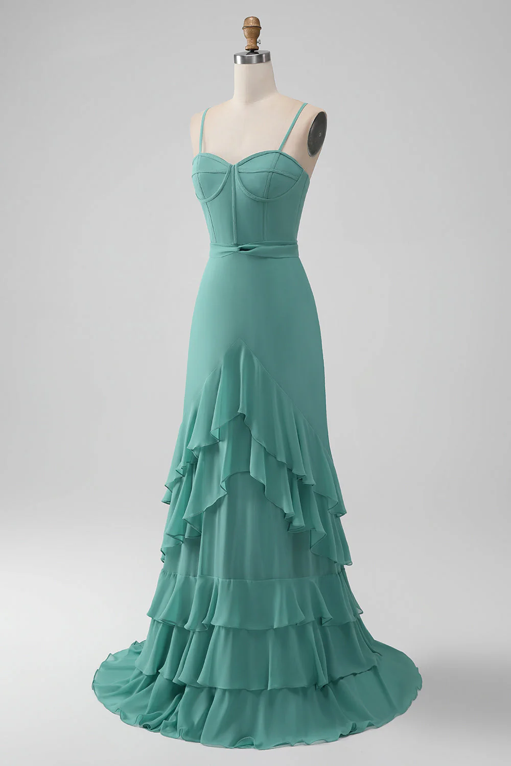 Robe de demoiselle d’honneur à bretelles spaghetti vert gris avec volants - Image 3
