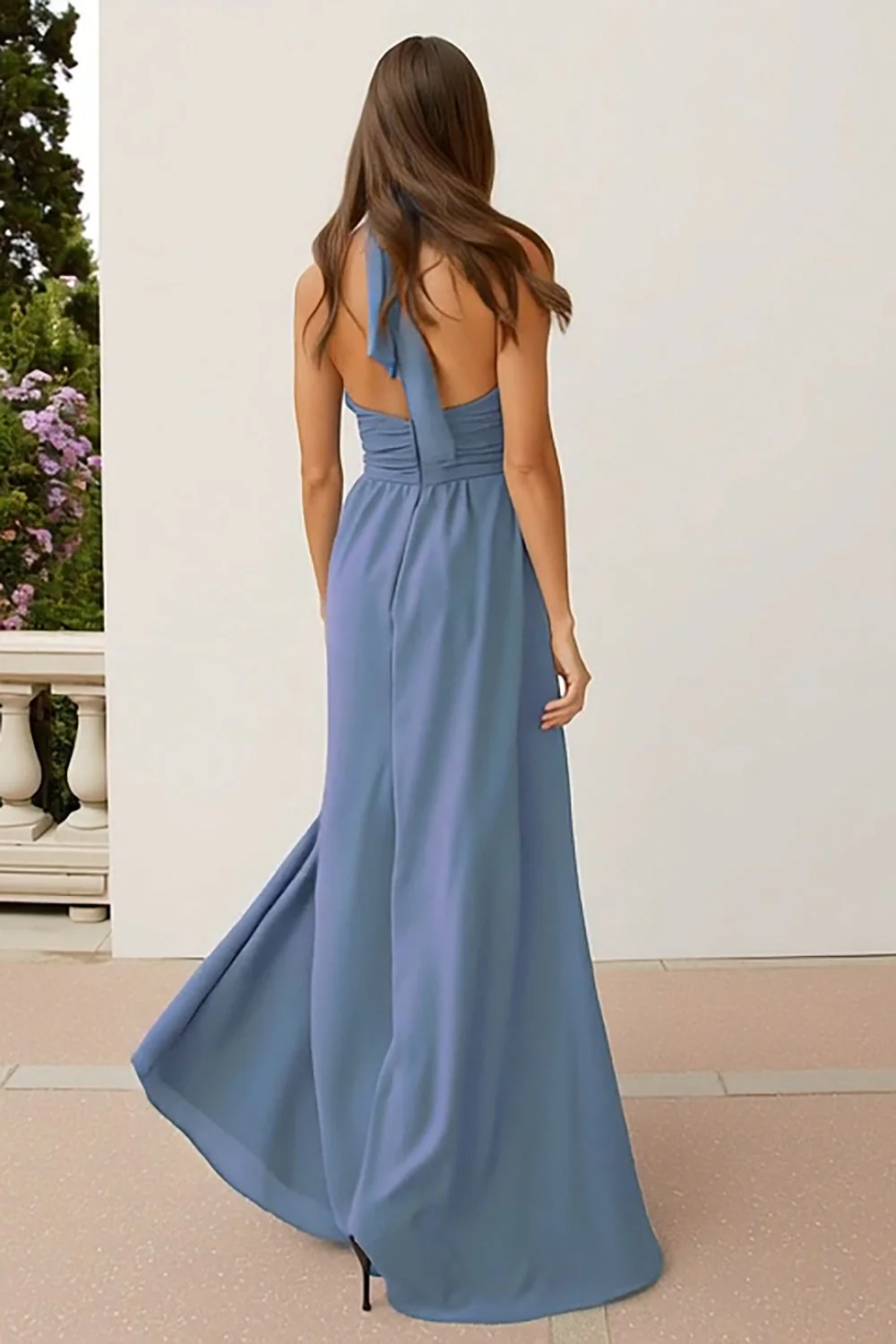 Robe de demoiselle d’honneur à col nu bleu poussiéreux A Line Long - Image 2