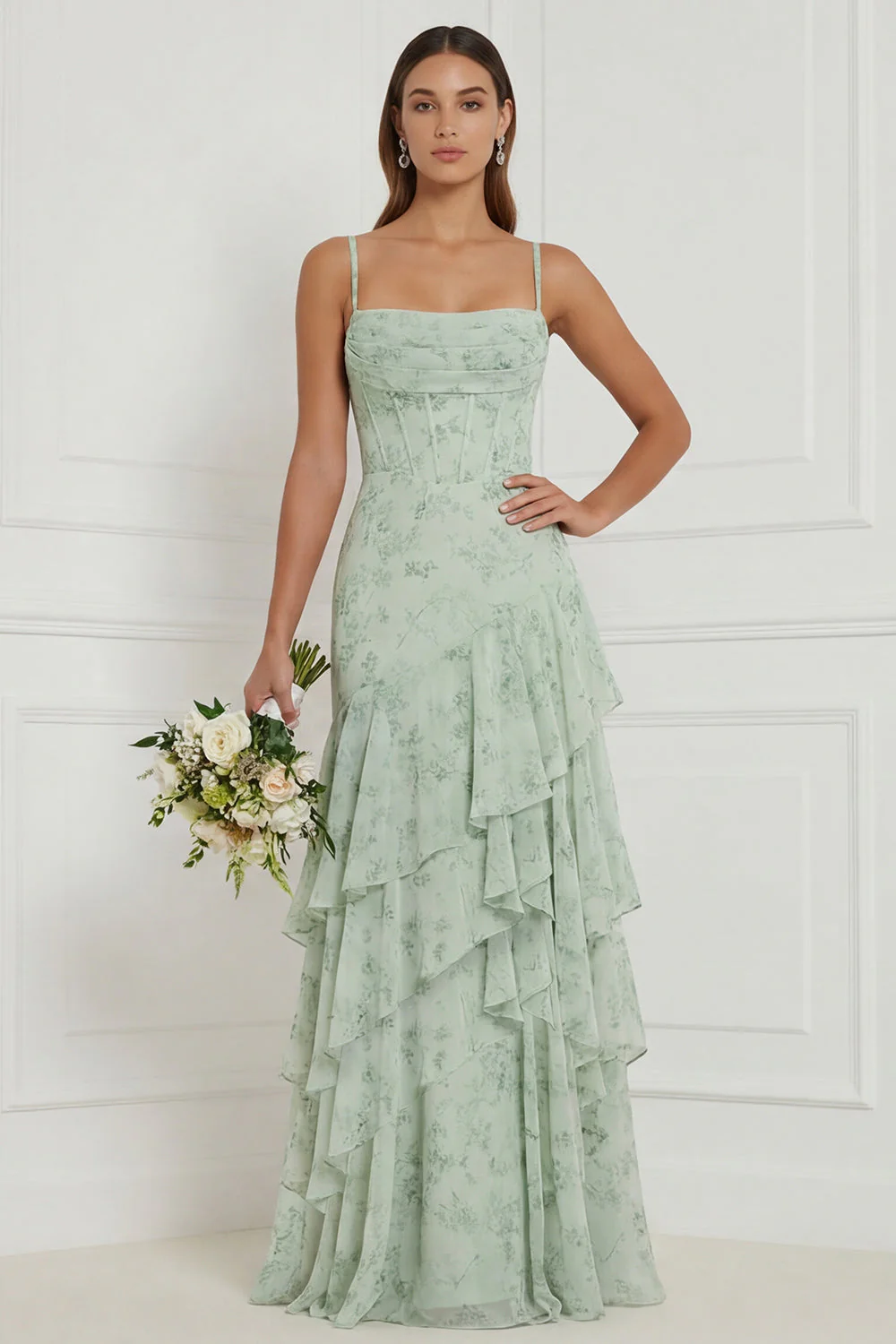 Robe de demoiselle d’honneur à fleurs à volants en corset sauge poussiéreuse