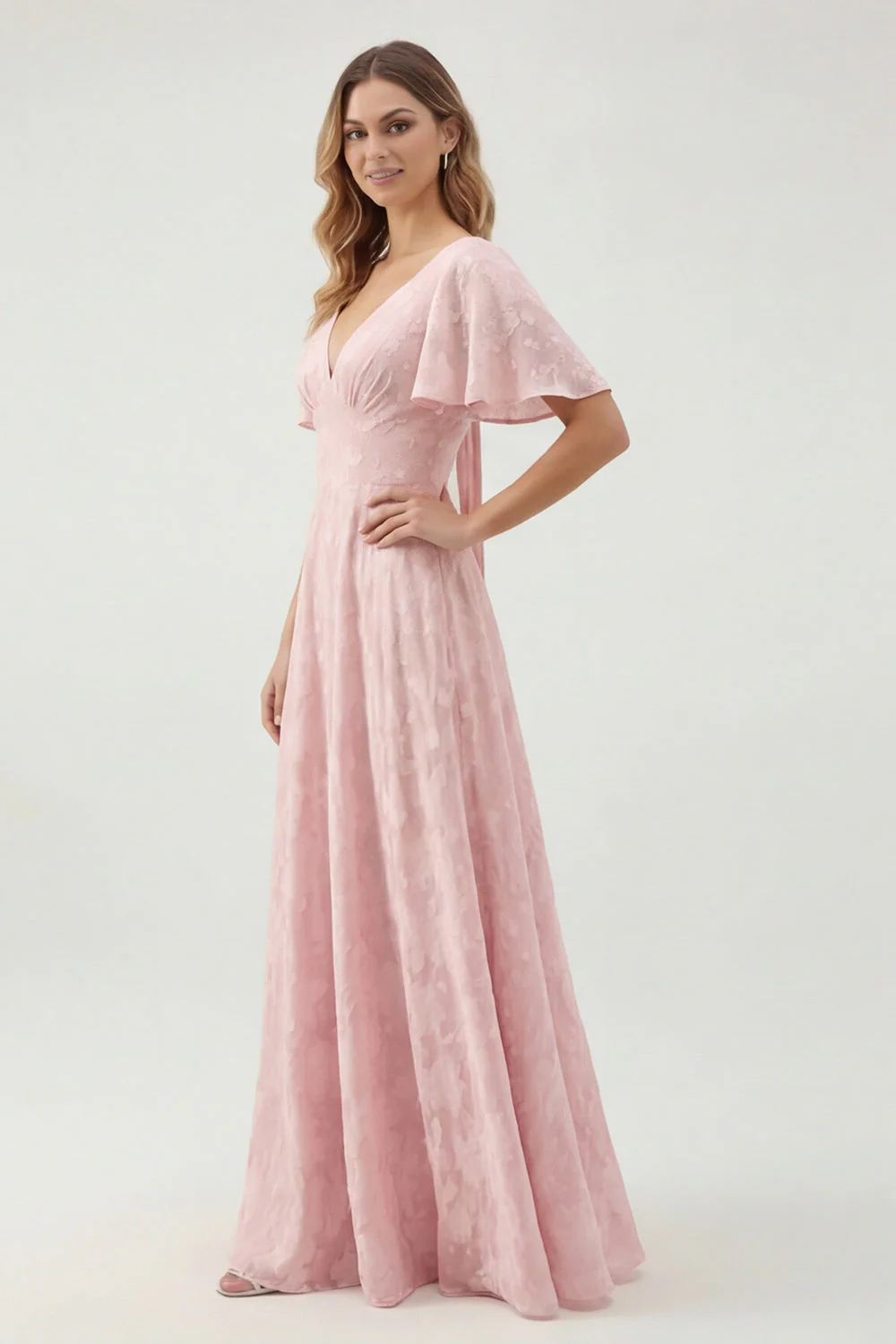 Robe de demoiselle d’honneur à manches courtes Green Floral A Line - Image 11