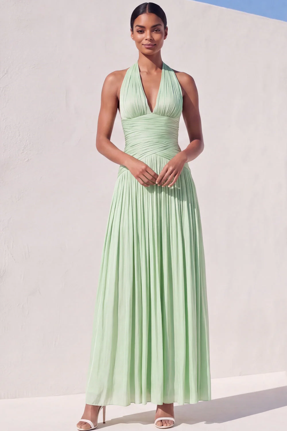 Robe de demoiselle d’honneur à plis vert clair à plis A - Image 3