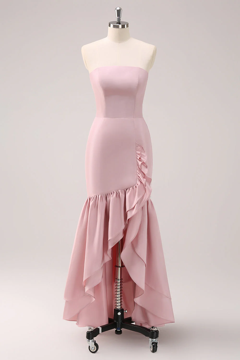Robe de demoiselle d’honneur asymétrique à volants rose sans bretelles - Image 2