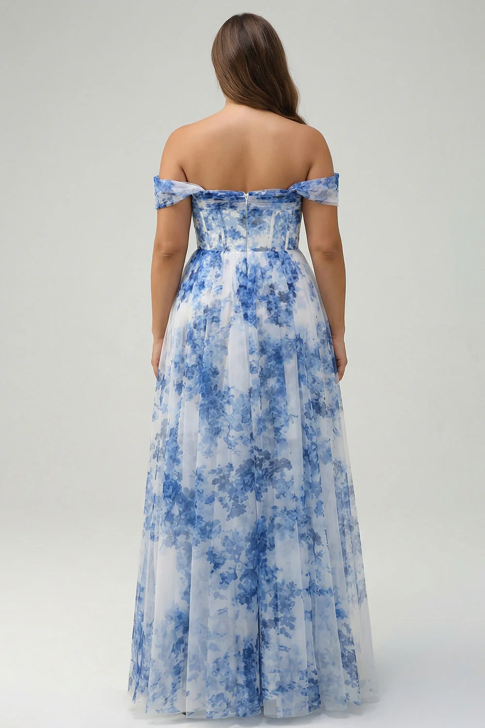 Robe de demoiselle d’honneur blanche bleue fleur décollée sur l’épaule A-line grande taille avec fente - Image 2