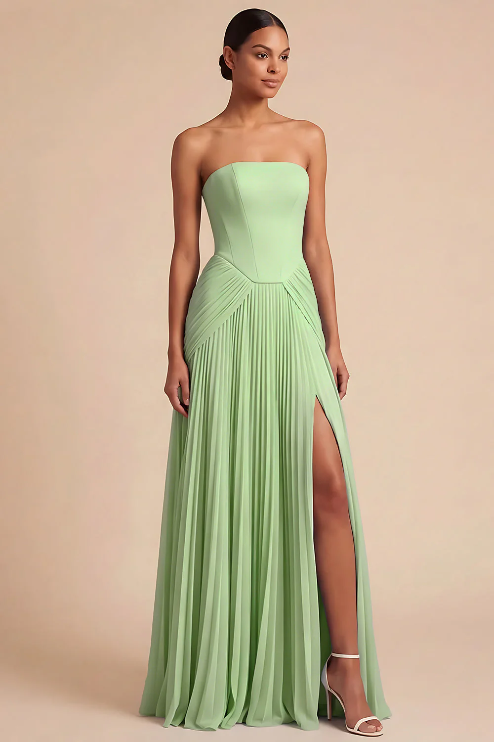 Robe de demoiselle d’honneur bleu clair plissée longue ligne avec fente - Image 11